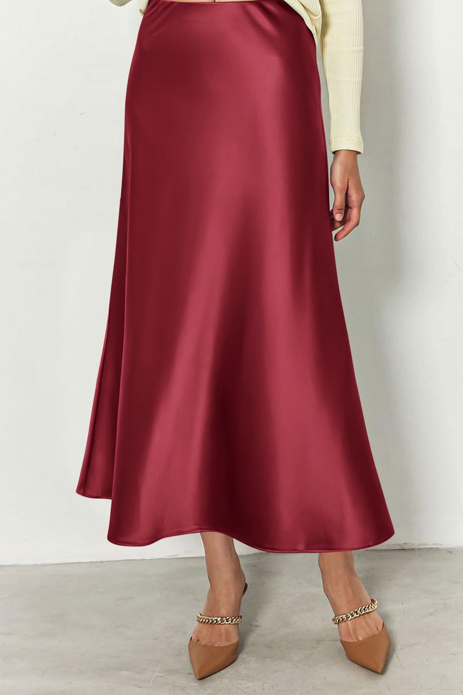 Women's Satin Midi Skirts Dressy Casual,Bean Paste Pink,S
