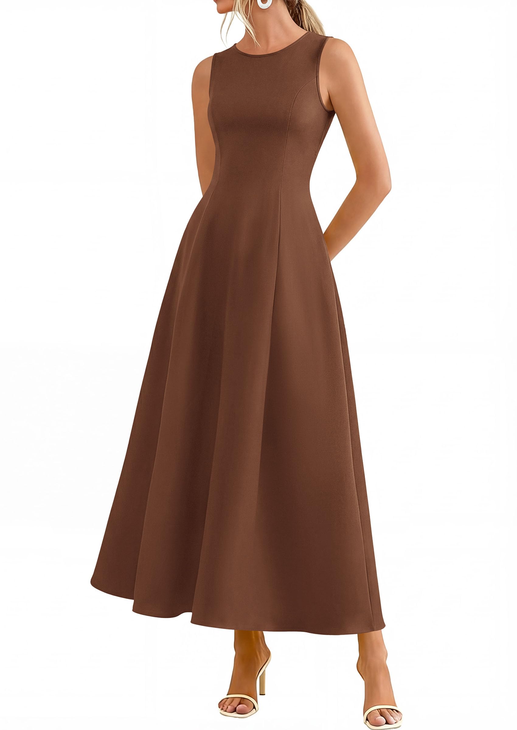 Women's Sleeveless Summer Elegant Maxi Dresses, Brown,S