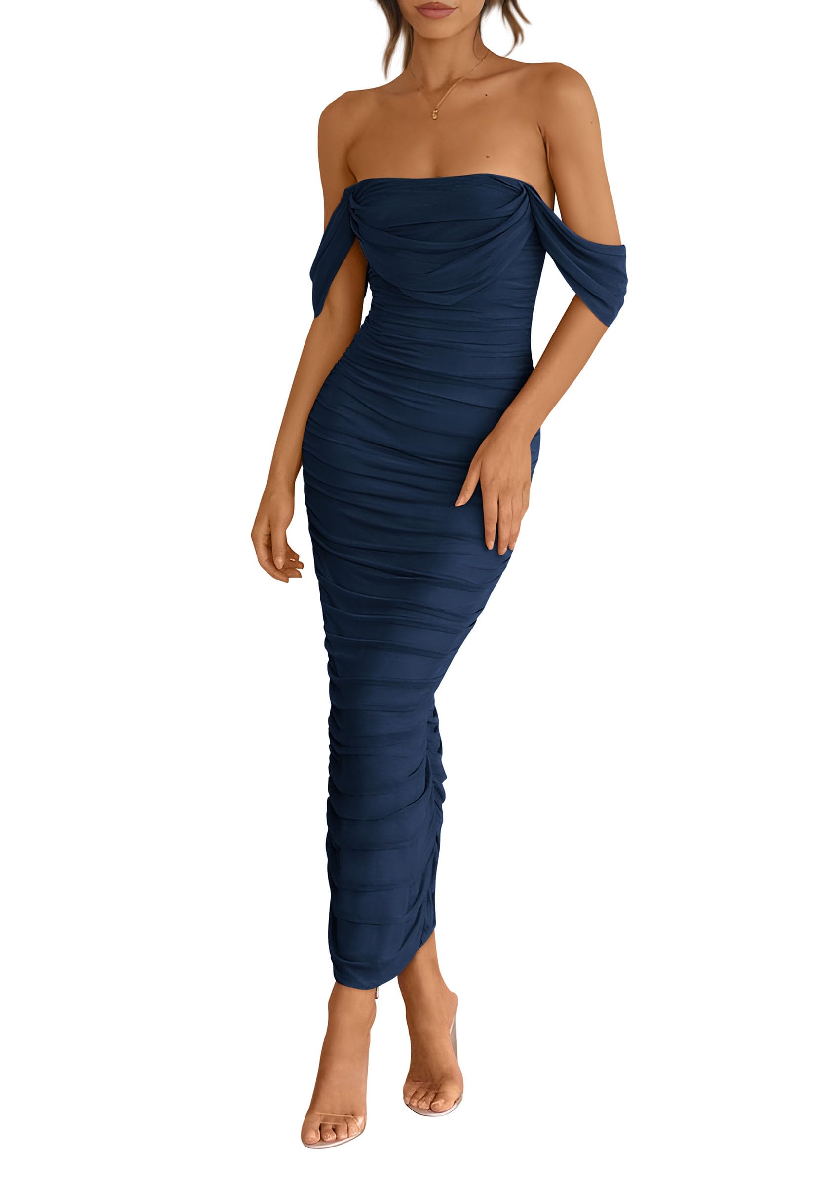 Womens Off Shoulder Maxi Wedding Guest Dress,Navy,S
