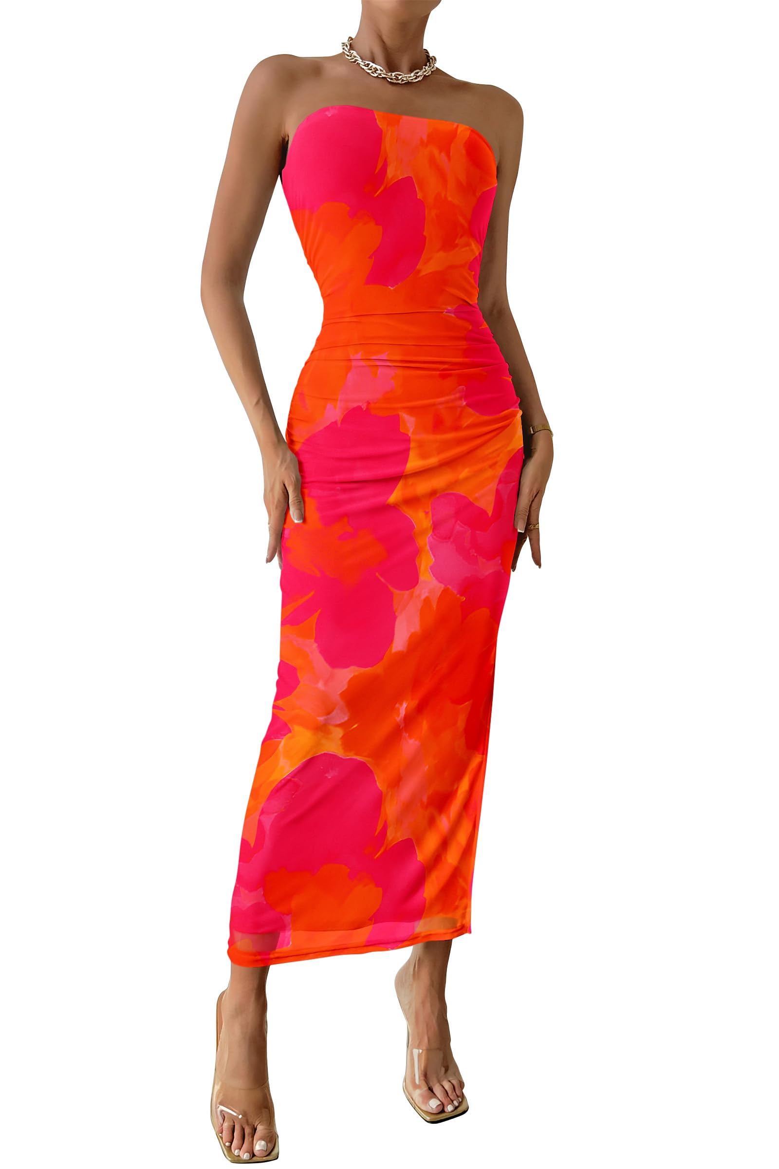 Womens Strapless Bodycon Maxi Dress, Orange Red Big Floral,S