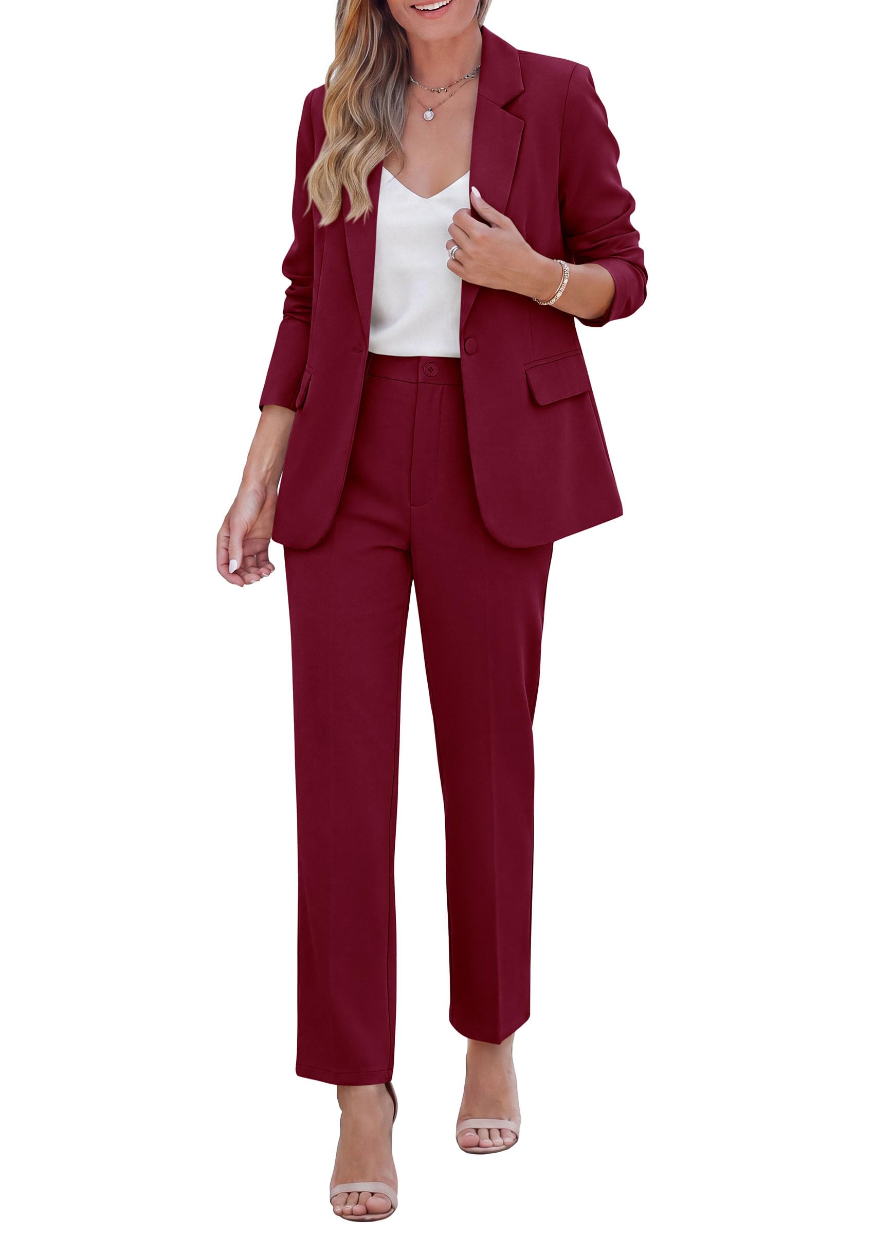 Two Piece Sets for Women Dressy Pant Suits,Wine Red,S