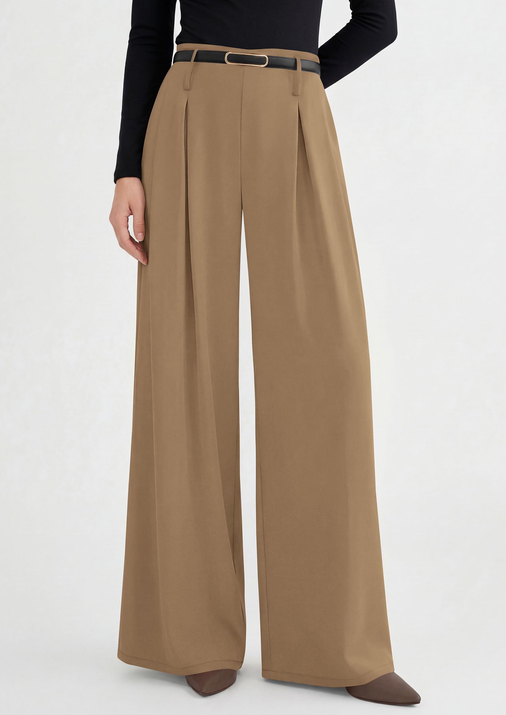 Womens Wide Leg Dress Pants Flowy Trousers,Khaki,S