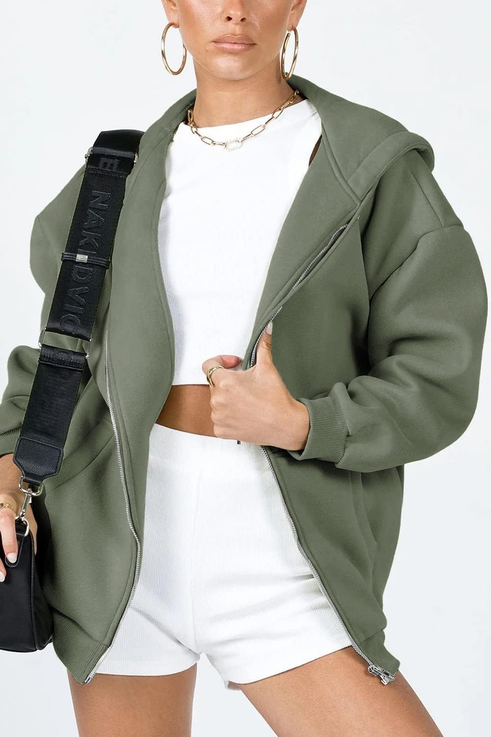 Women's Fall Zip Up Hoodies Sweatshirts Grey Green