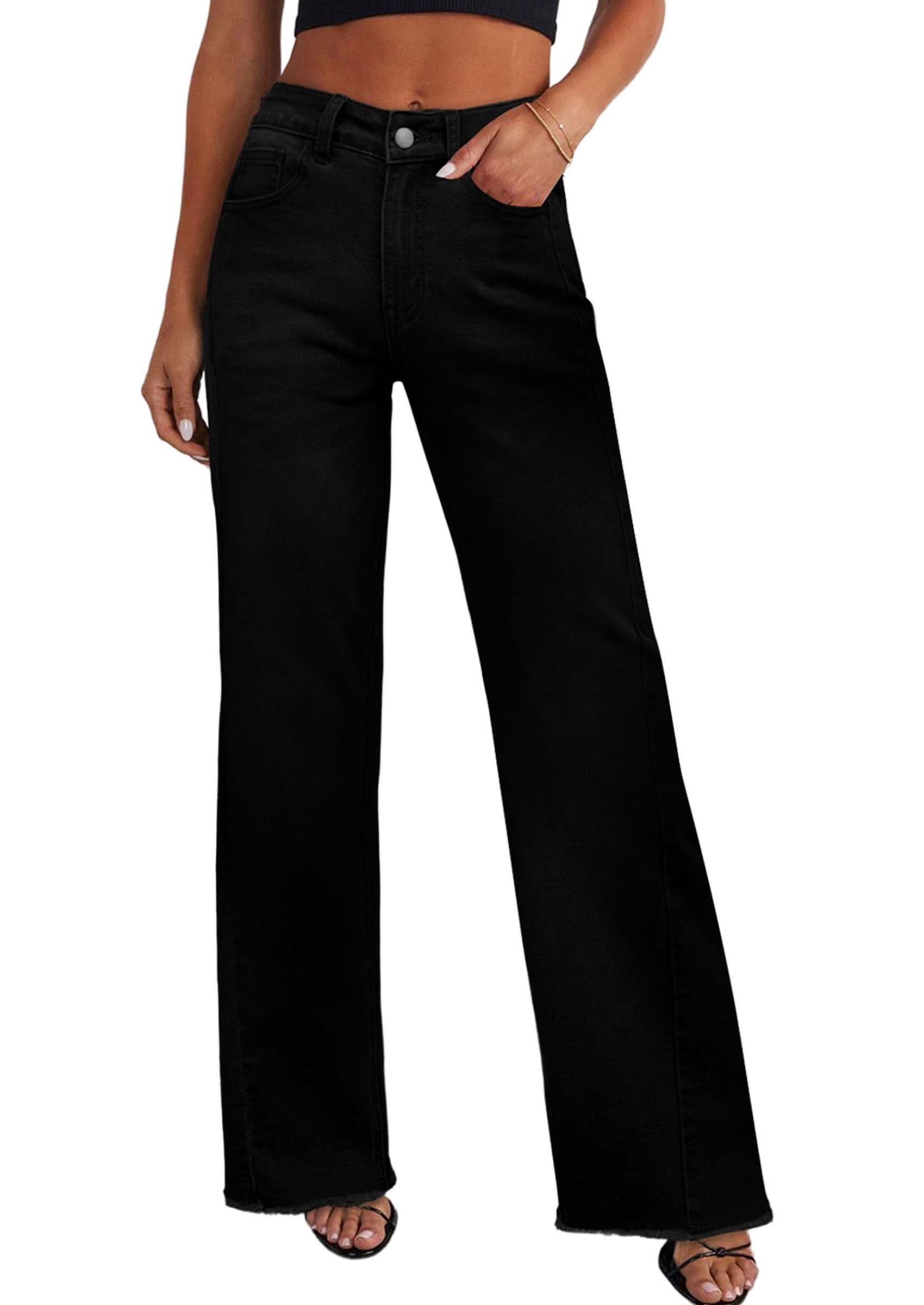 Women's Wide Leg Jeans Raw Hem Denim Pants,Solid Black,4
