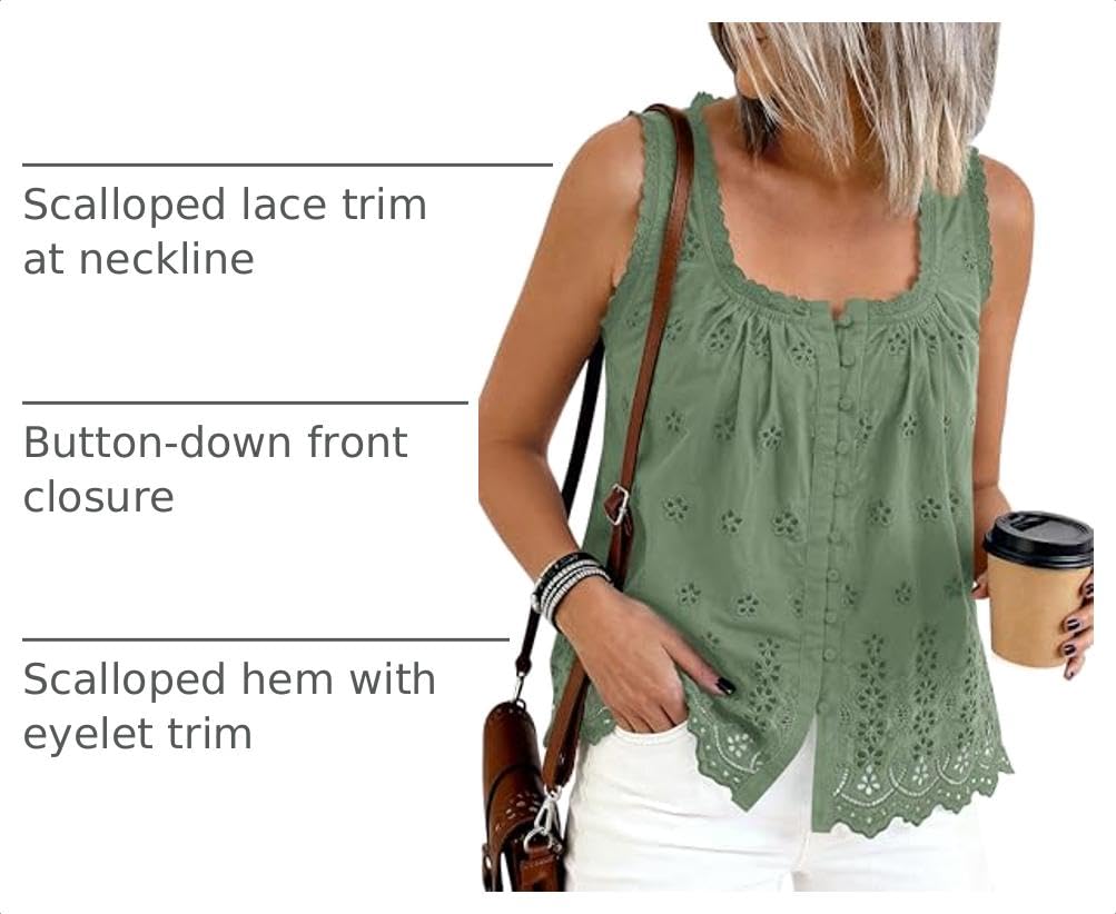 Women's Lace Tank Top Embroidery Eyelet Blouses,Bean Green,S