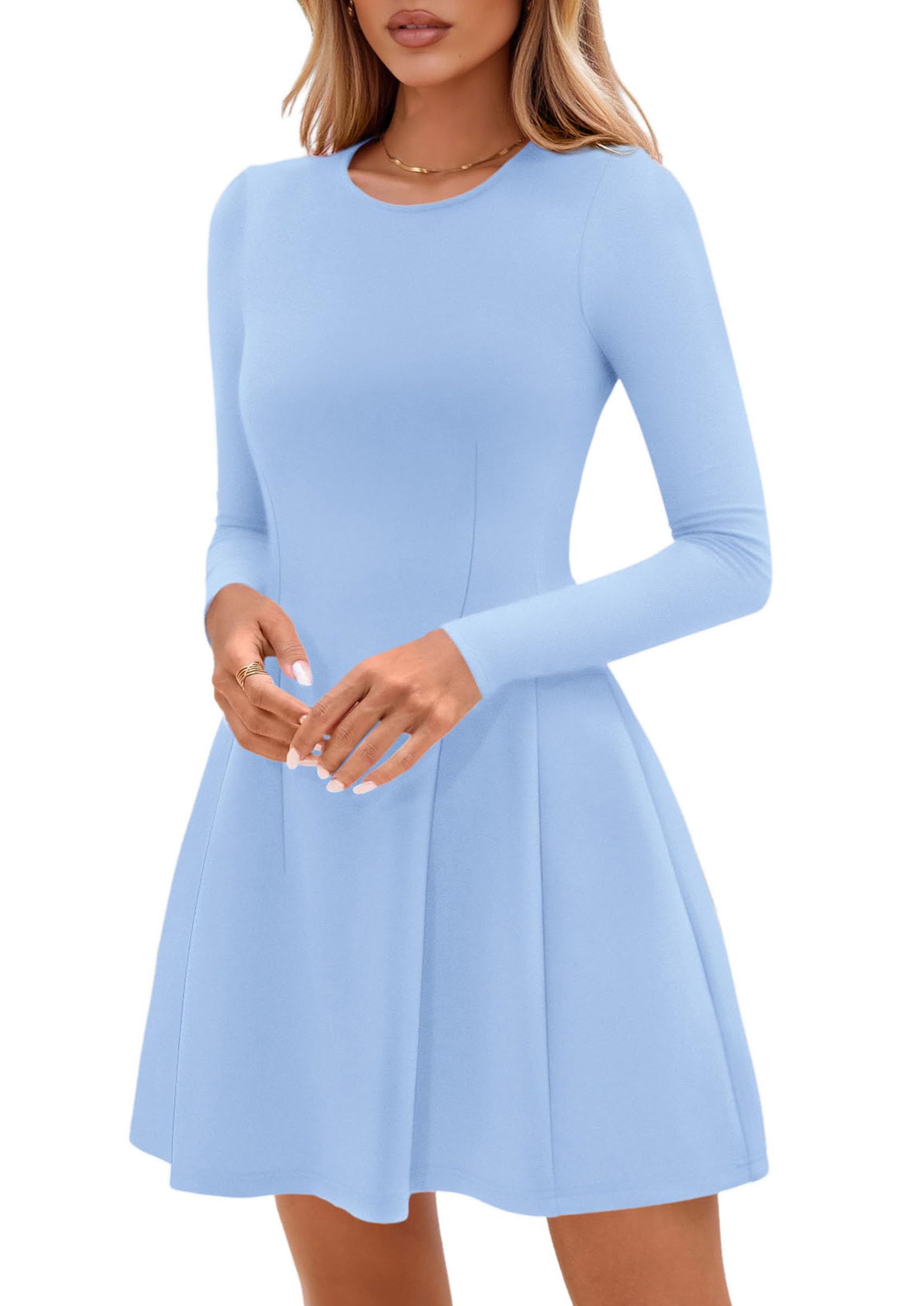 Womens Long Sleeve Pleated Mini Dress,Light Blue,XS