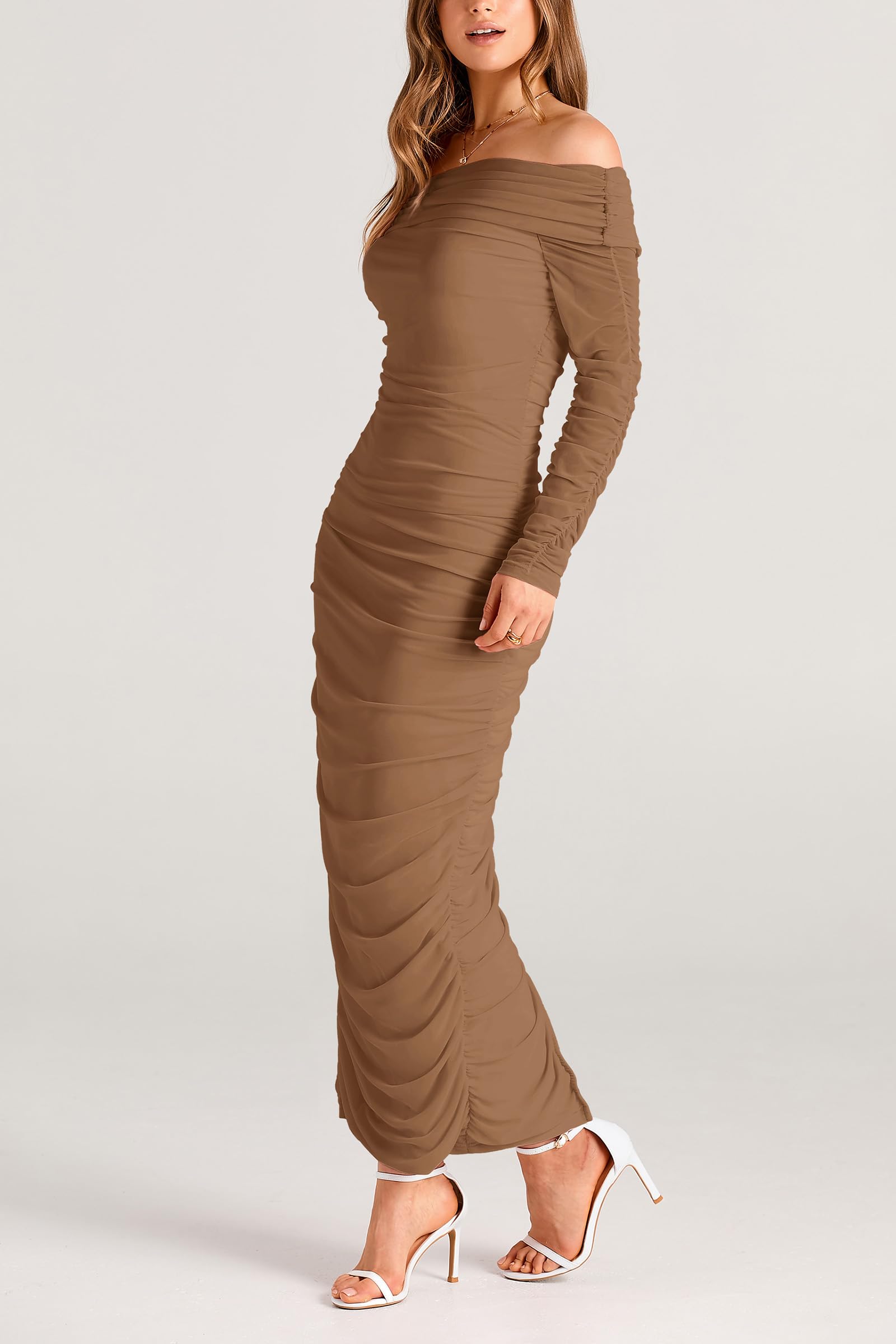 Women's Off the Shoulder Maxi Bodycon Dress, Light Brown,S