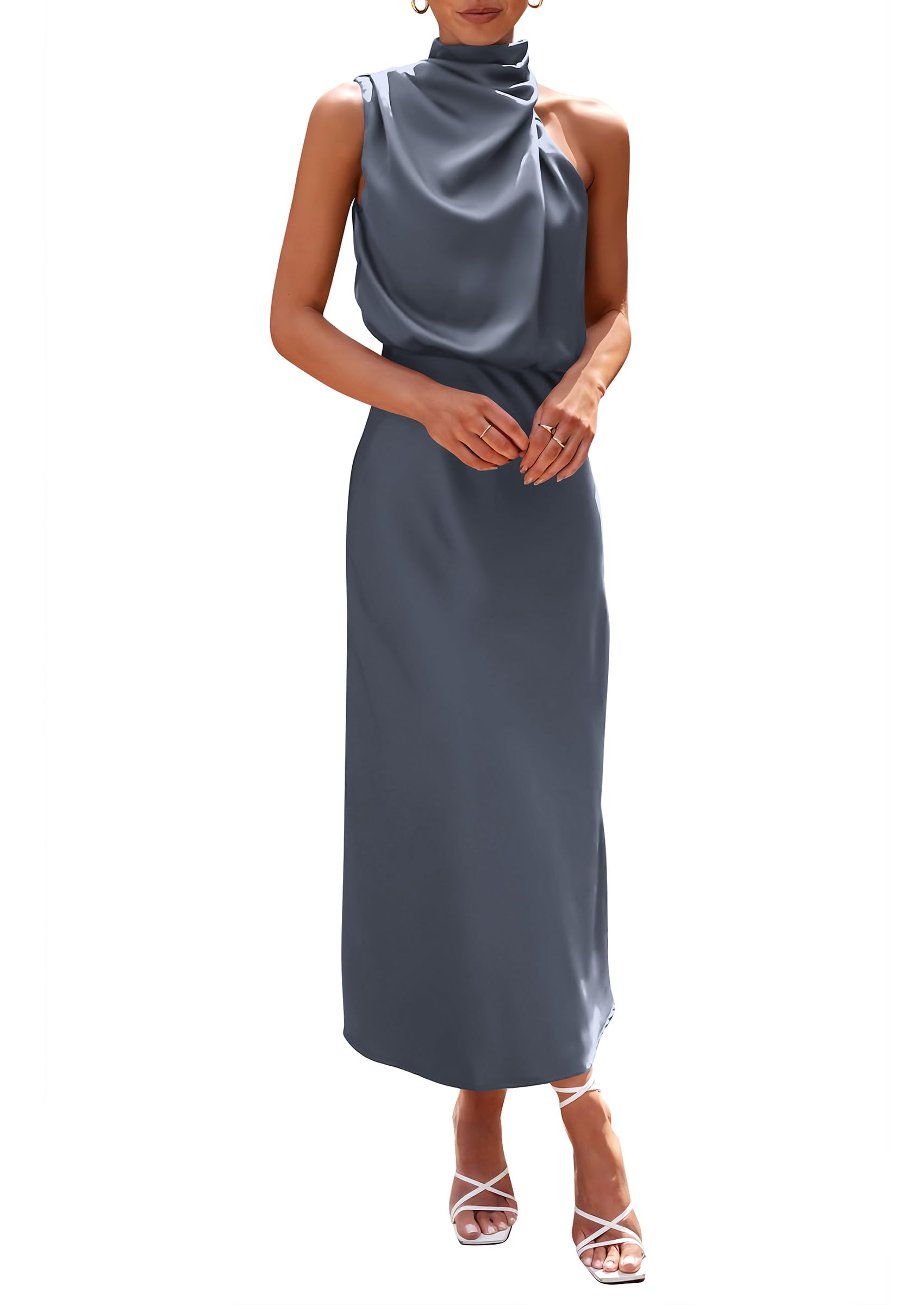 Women's Summer Satin Maxi Cocktail Dress Grey Blue