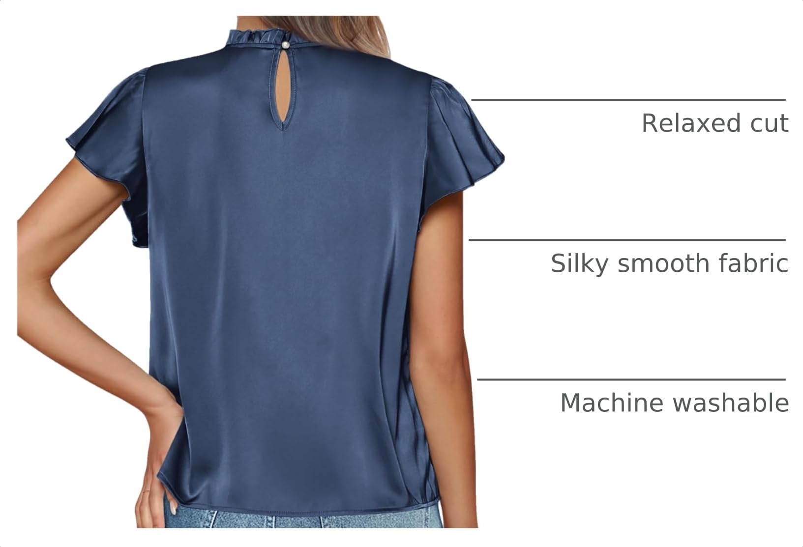 Women's Satin Tops Business Casual Work Blouses, Grey Blue,M