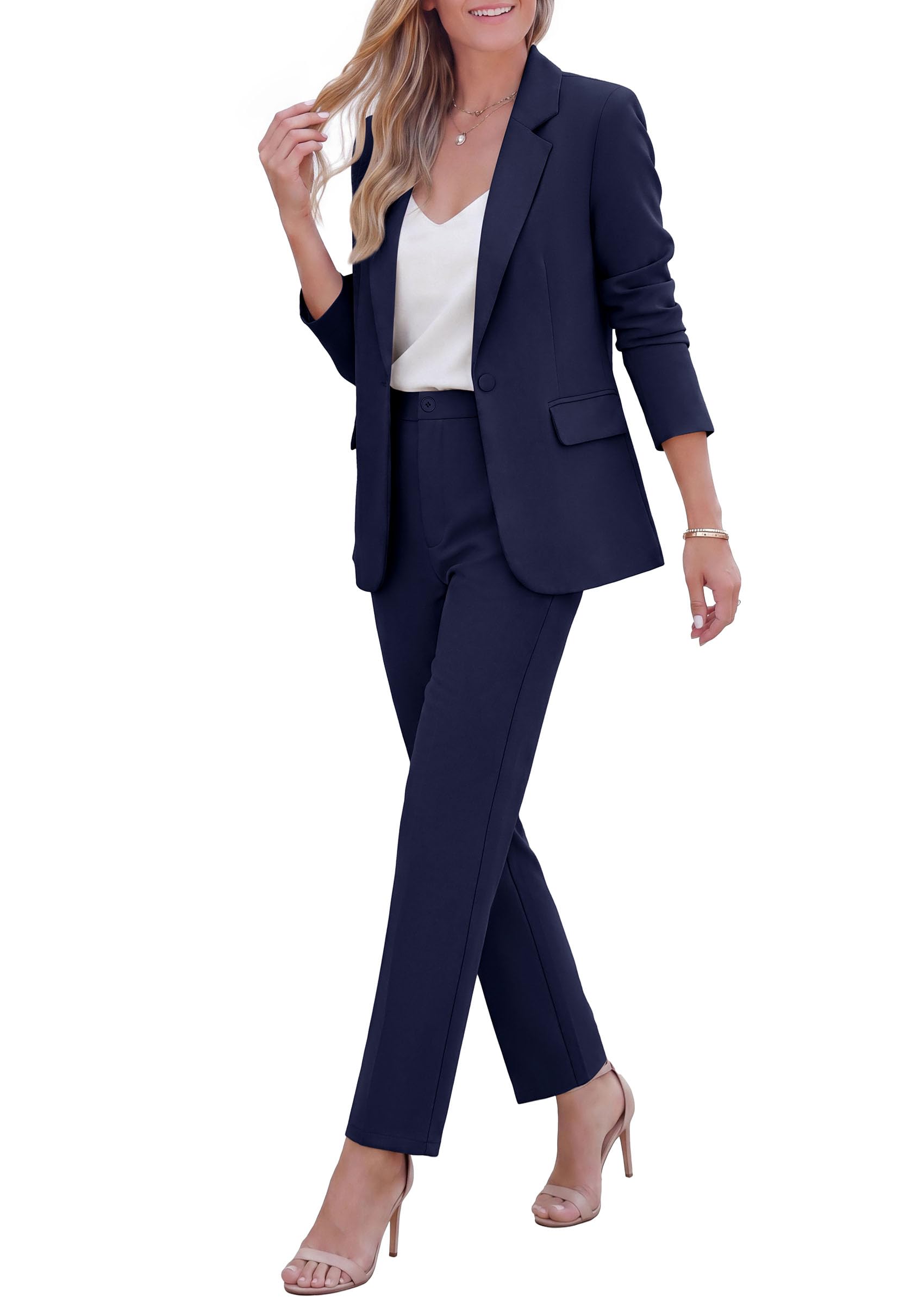 Two Piece Sets for Women Dressy Pant Suits,Navy Blue,M