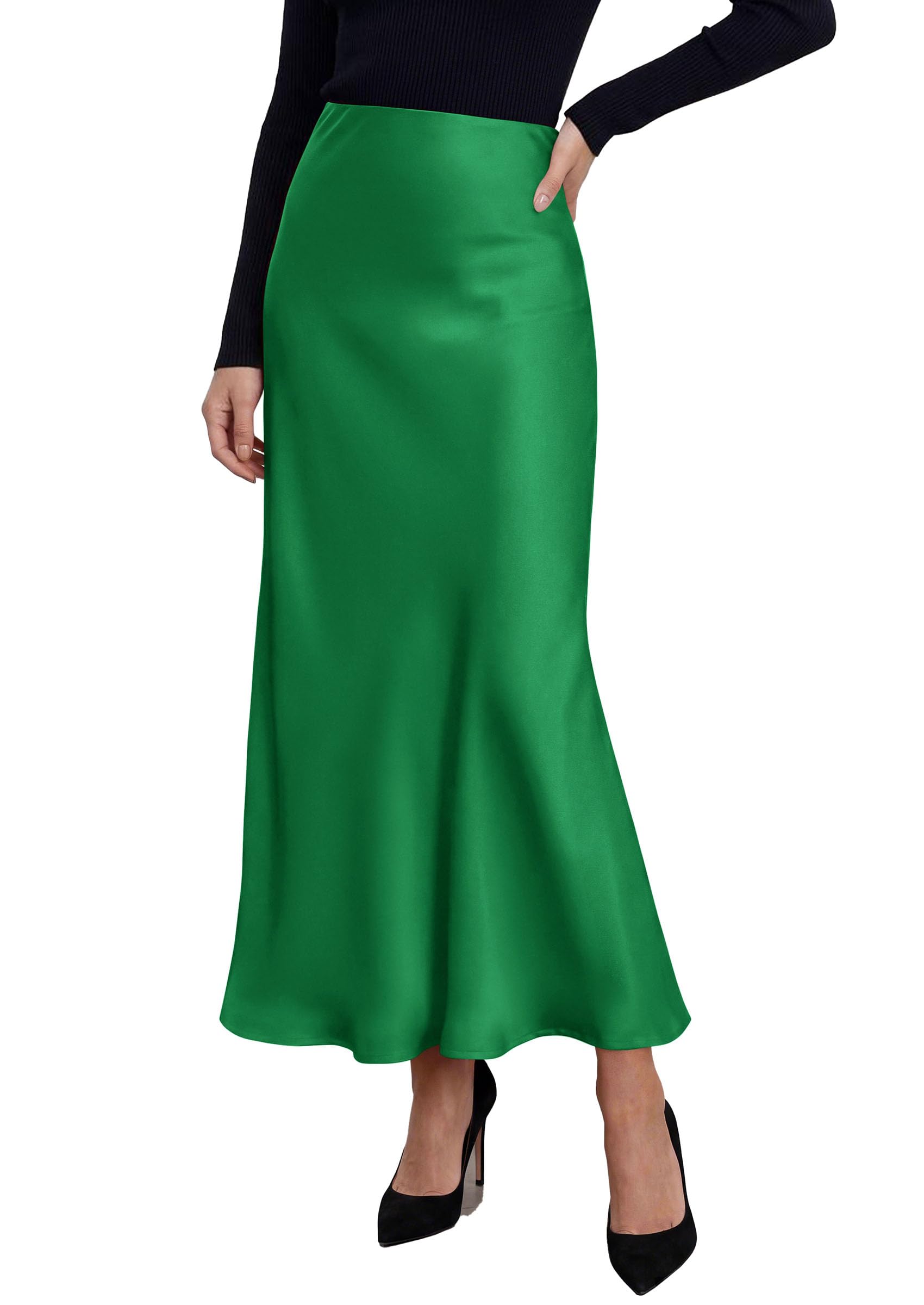 Women's Silk Satin Maxi Skirts Fall Clothes (Green,S)