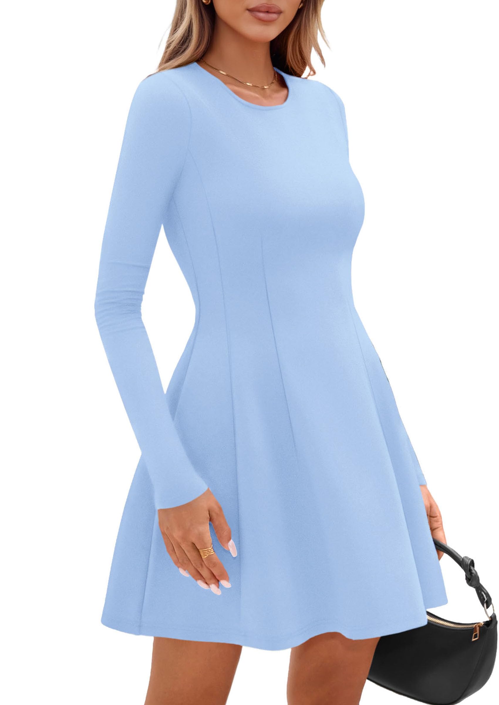 Womens Long Sleeve Pleated Mini Dress,Light Blue,XS
