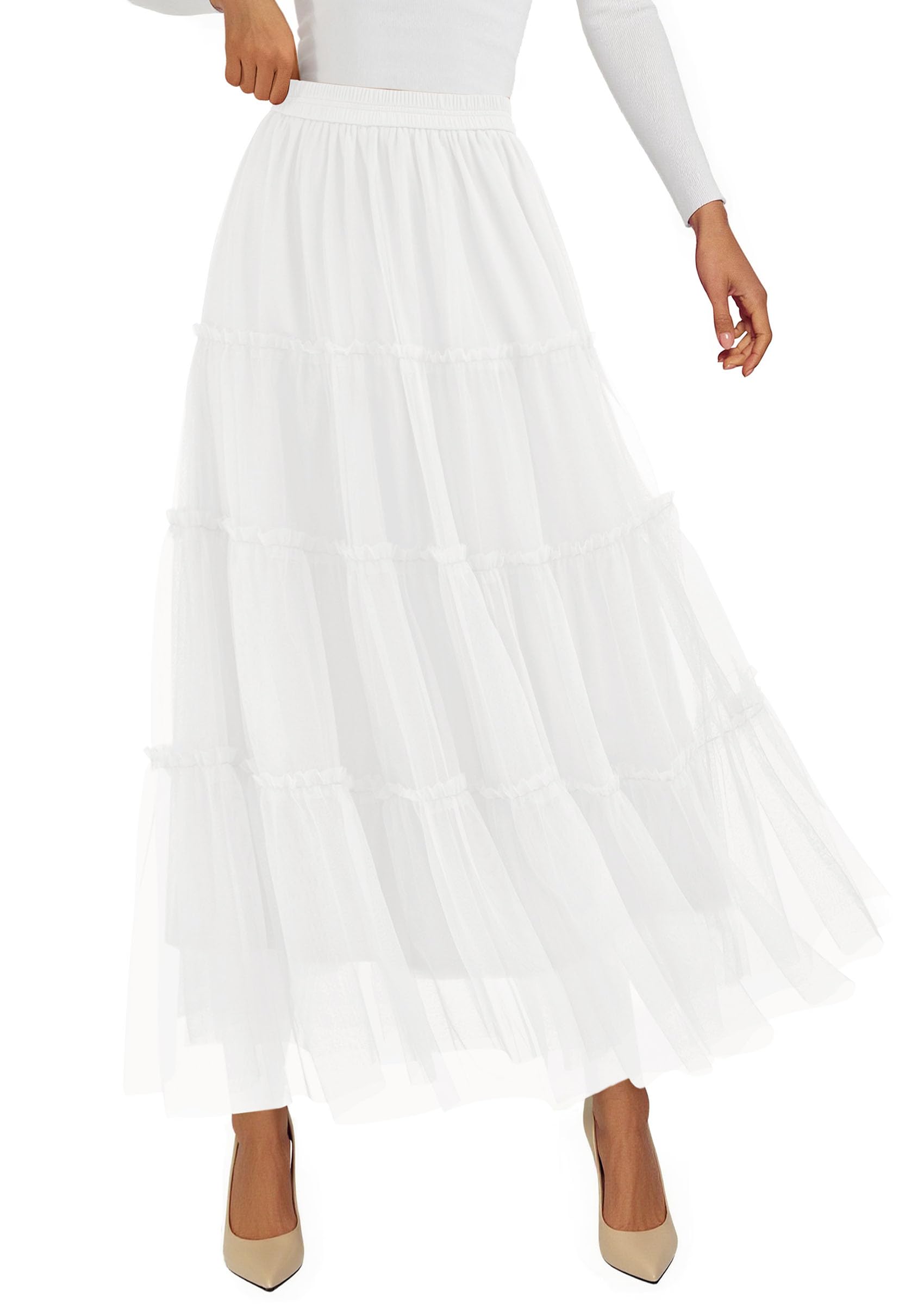 Women's Fall Soft Tulle Tiered Long Skirt,White,S