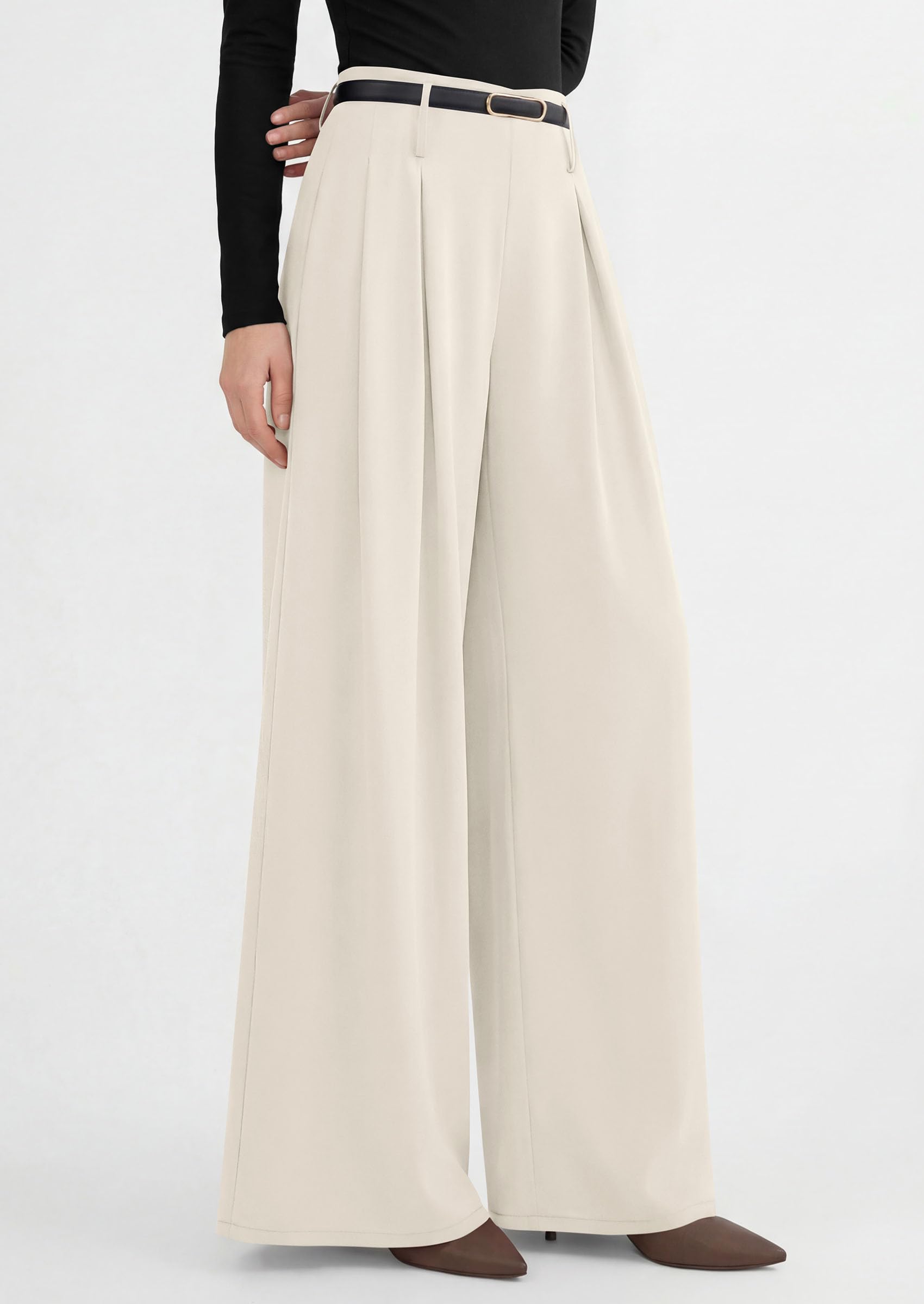 Womens Wide Leg Dress Pants Flowy Trousers,Beige,S