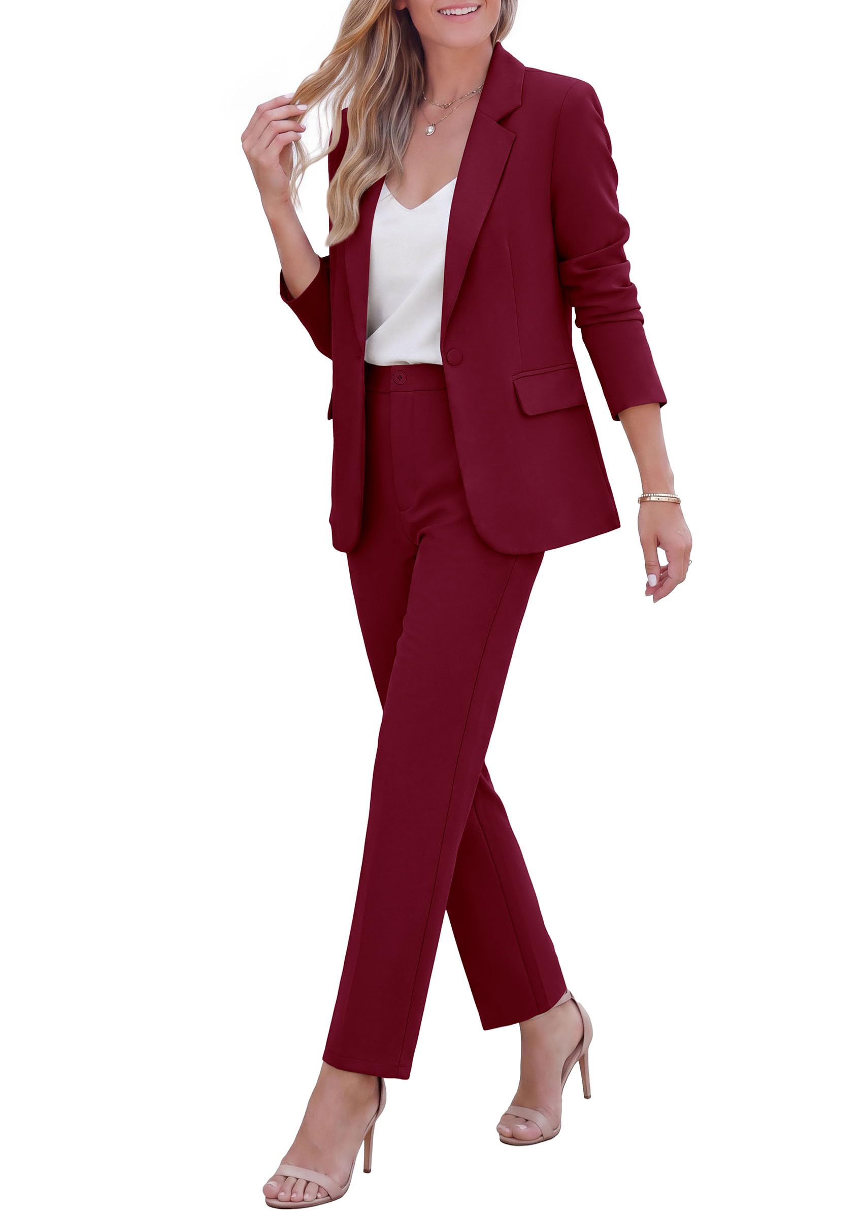 Two Piece Sets for Women Dressy Pant Suits,Wine Red,S