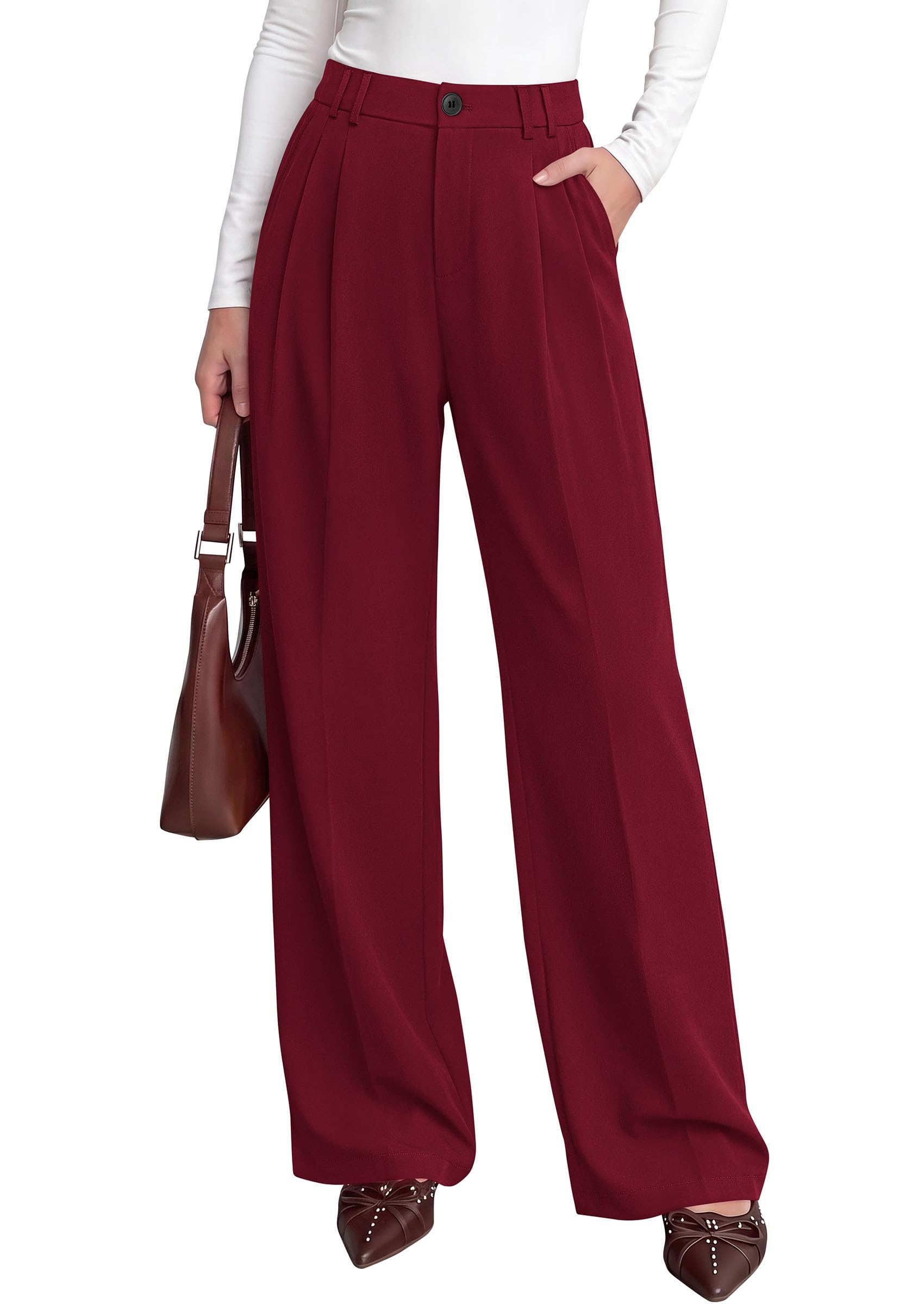 Women's Dress Pants Wide Leg Flowy Trousers,Burgundy,S