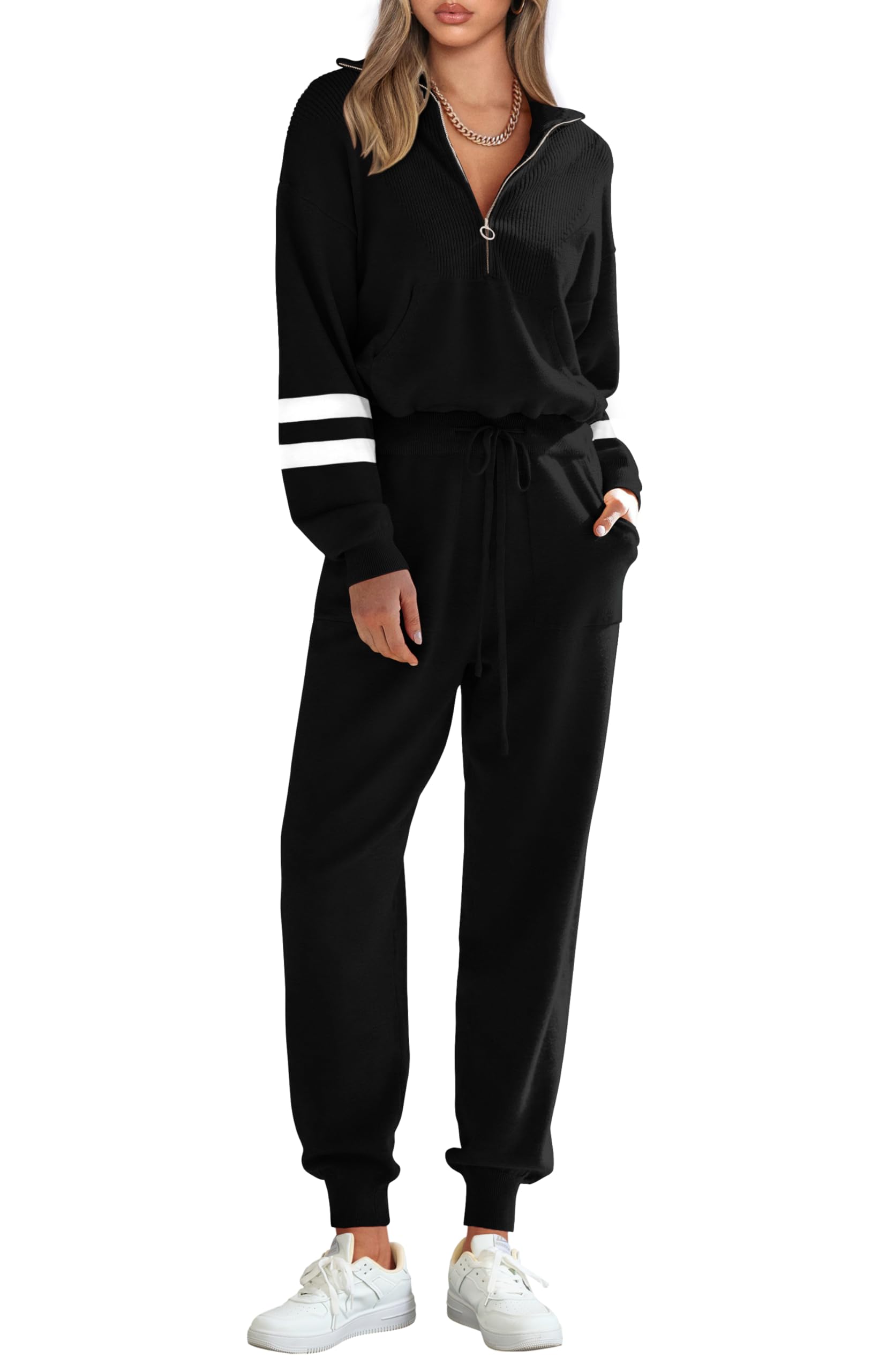 Women's 2 Piece Sweatsuits Set Fall Outfits(Striped Black,L)