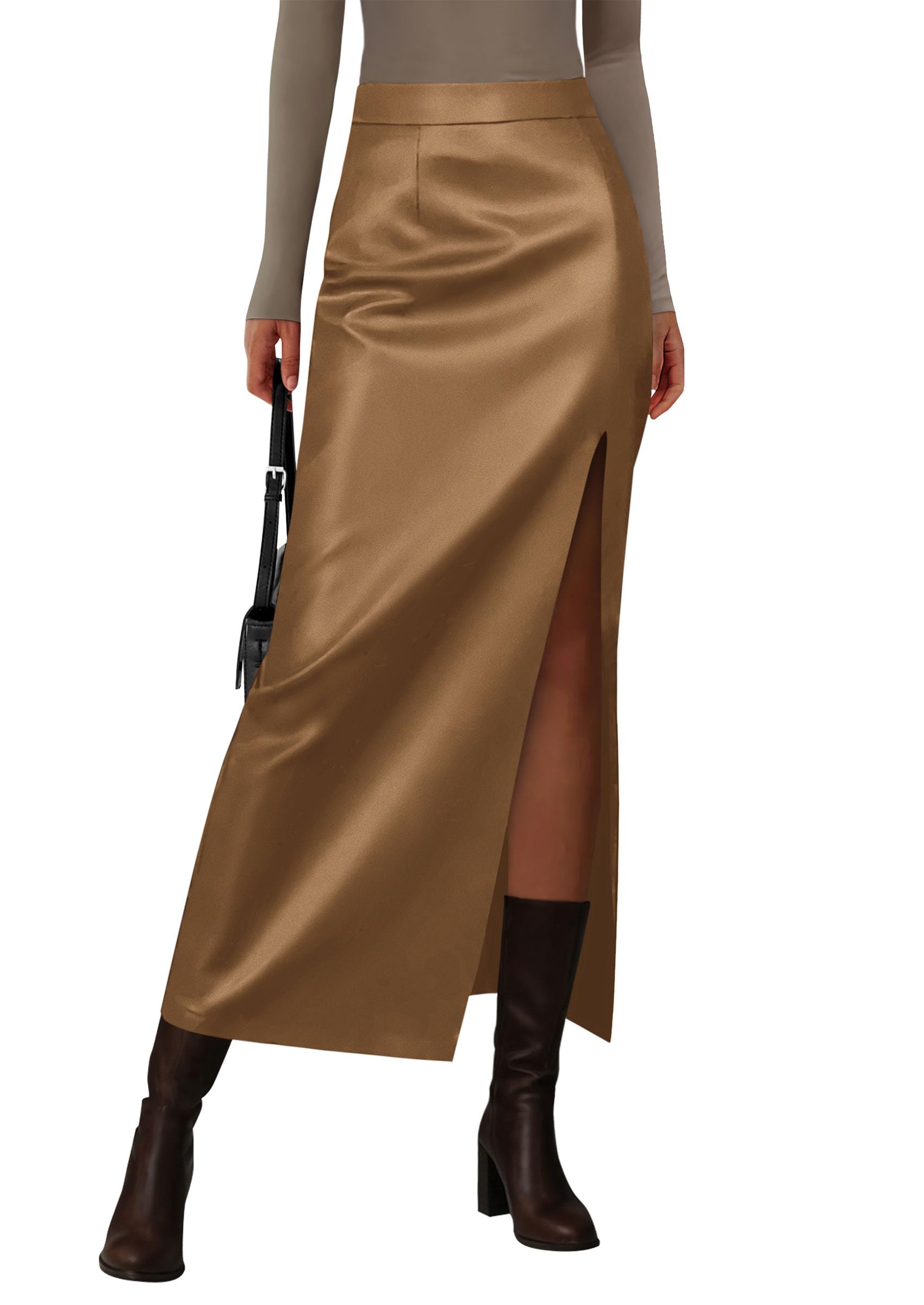 Women's Faux Leather Long Pencil Skirt,Camel,S