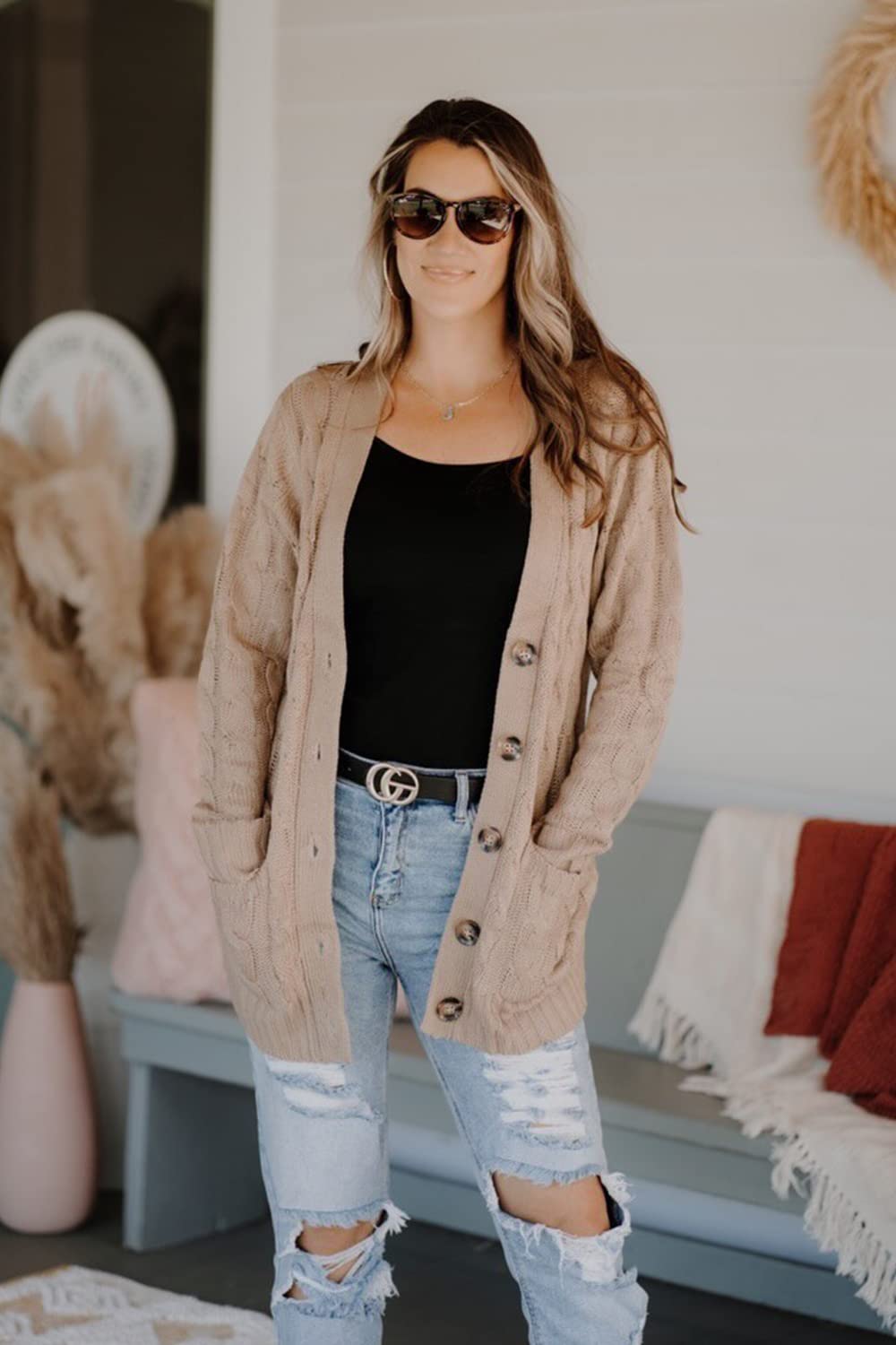 Women Chunky Cable Knit Cardigan Sweaters Fall Fashion Clothes