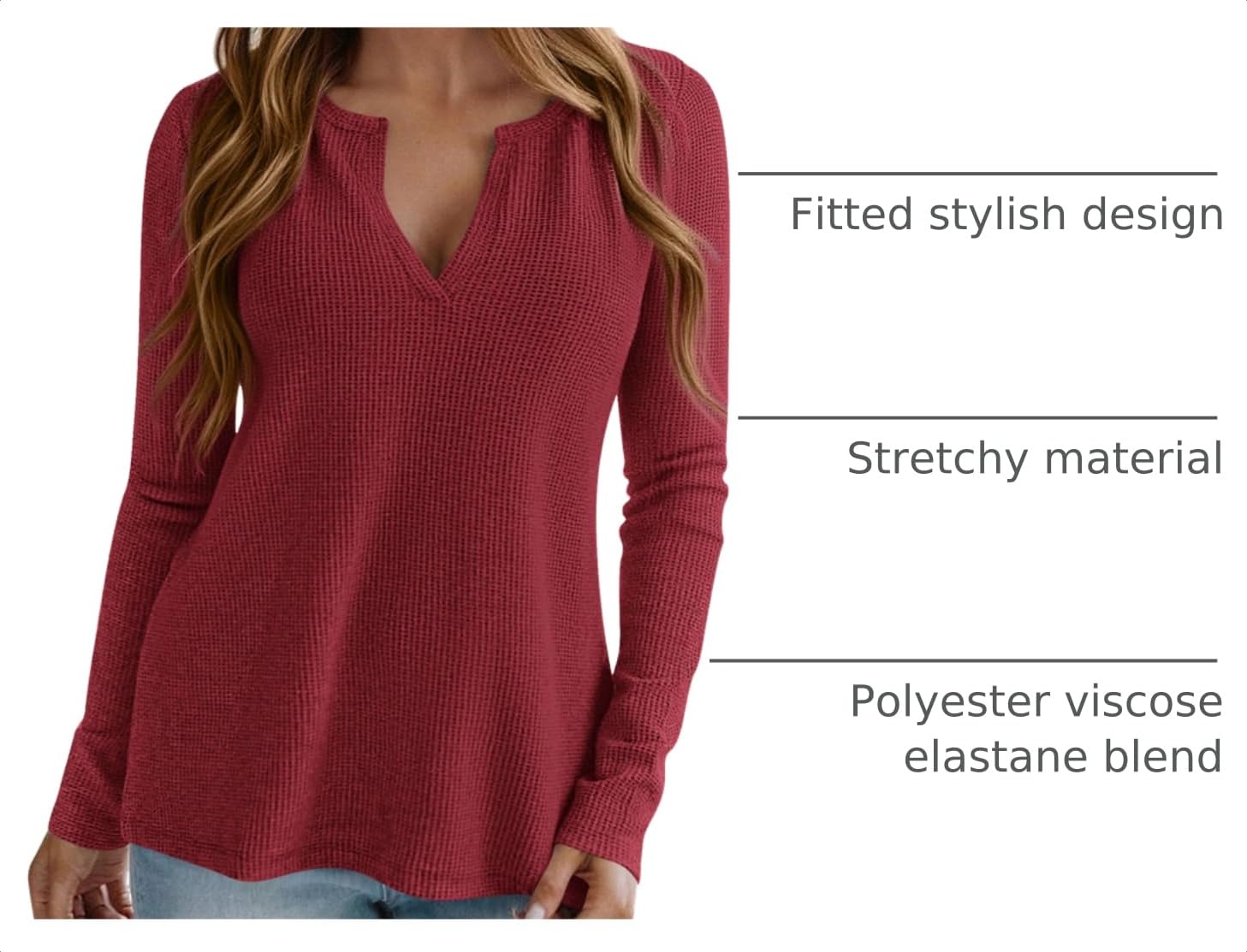 Long Sleeve Shirts for Women Waffle Knit Tops,Wine Red,S