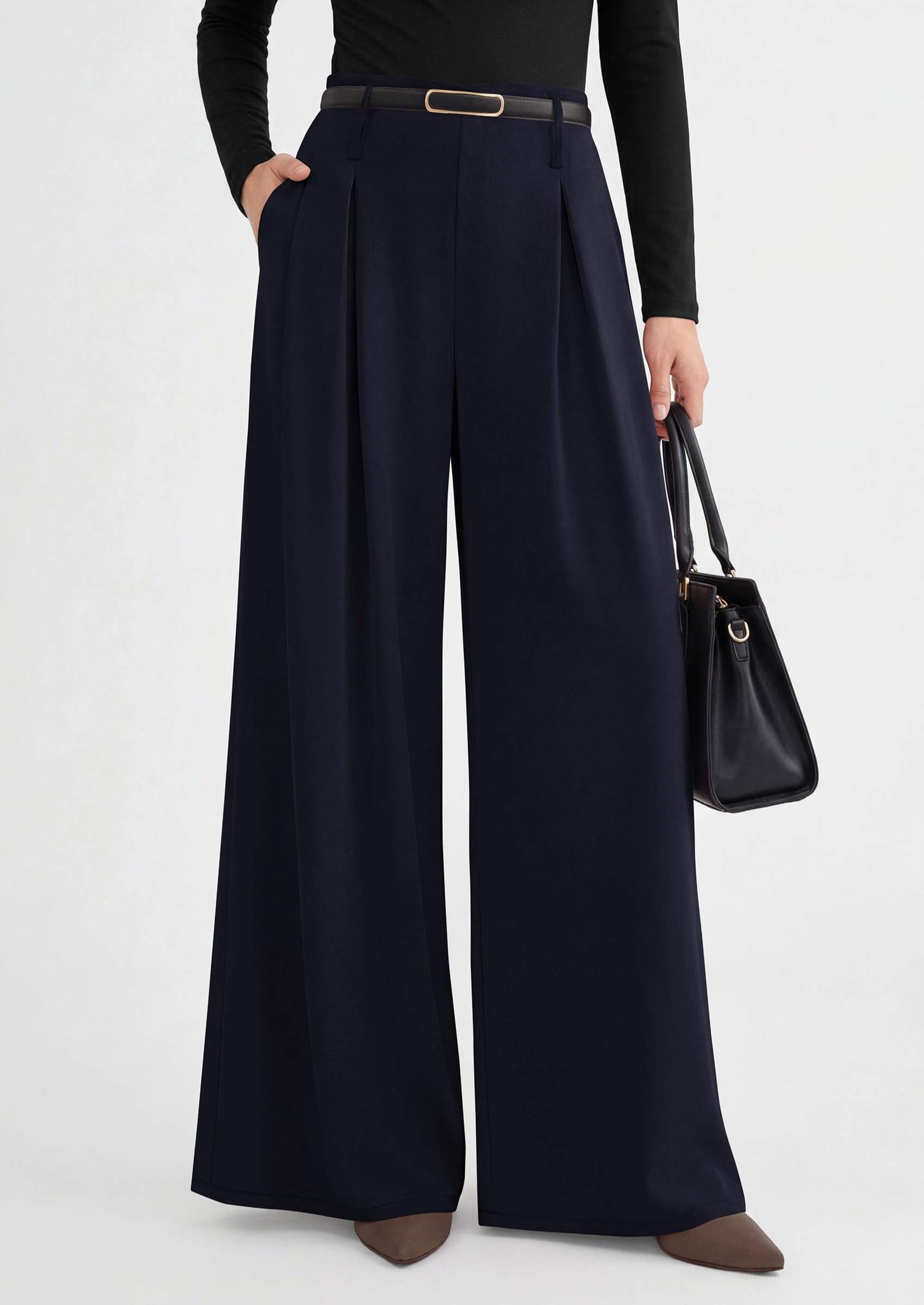 Womens Wide Leg Dress Pants Flowy Trousers,Navy,S