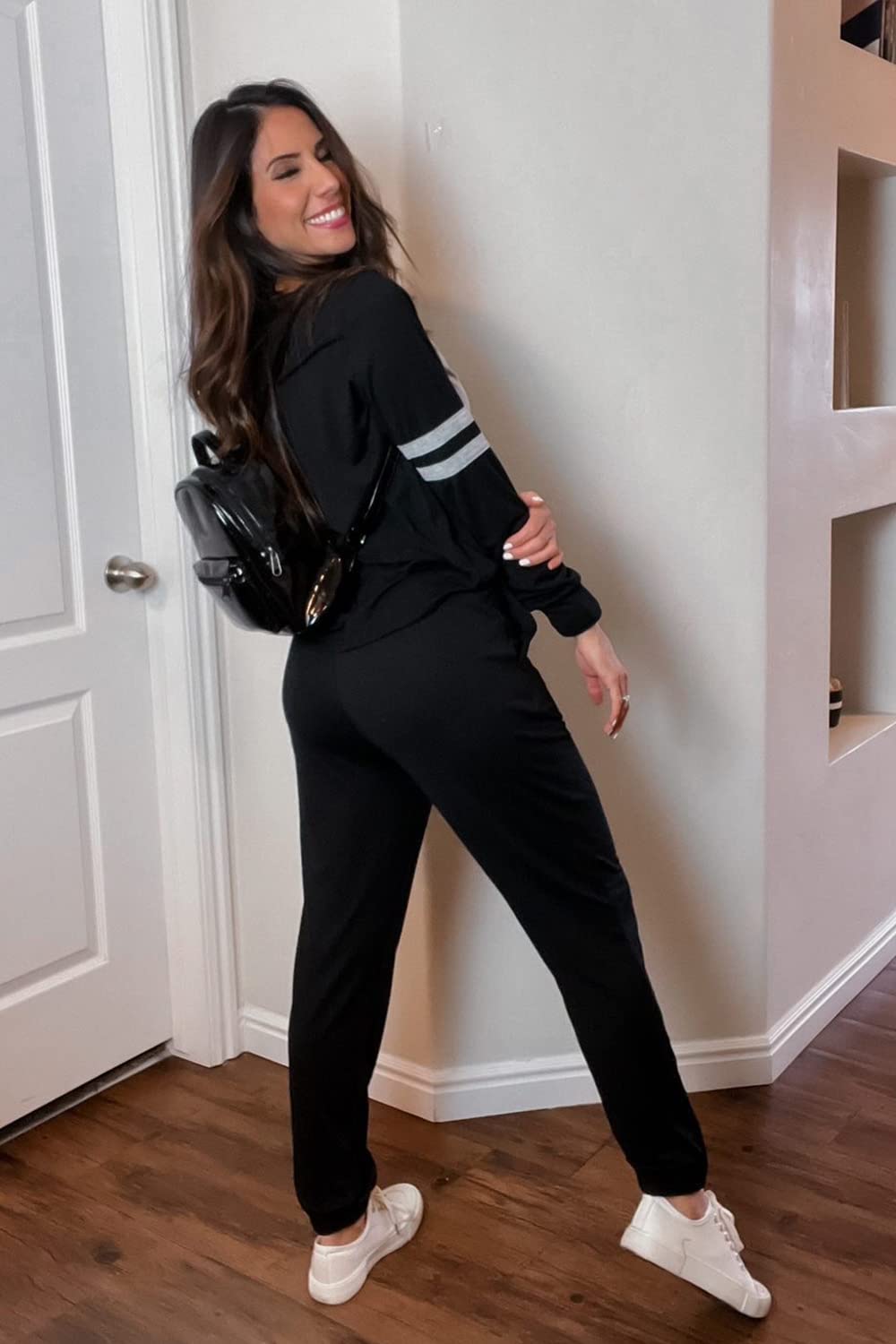 Women Color Block 2 Piece Sets Tracksuit,Black,S