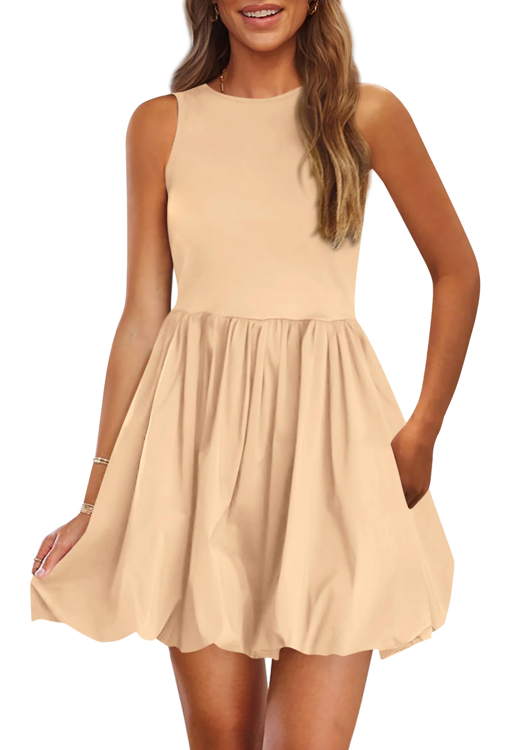 Womens Summer Bubble Sleeveless Mini Dress,Khaki,S