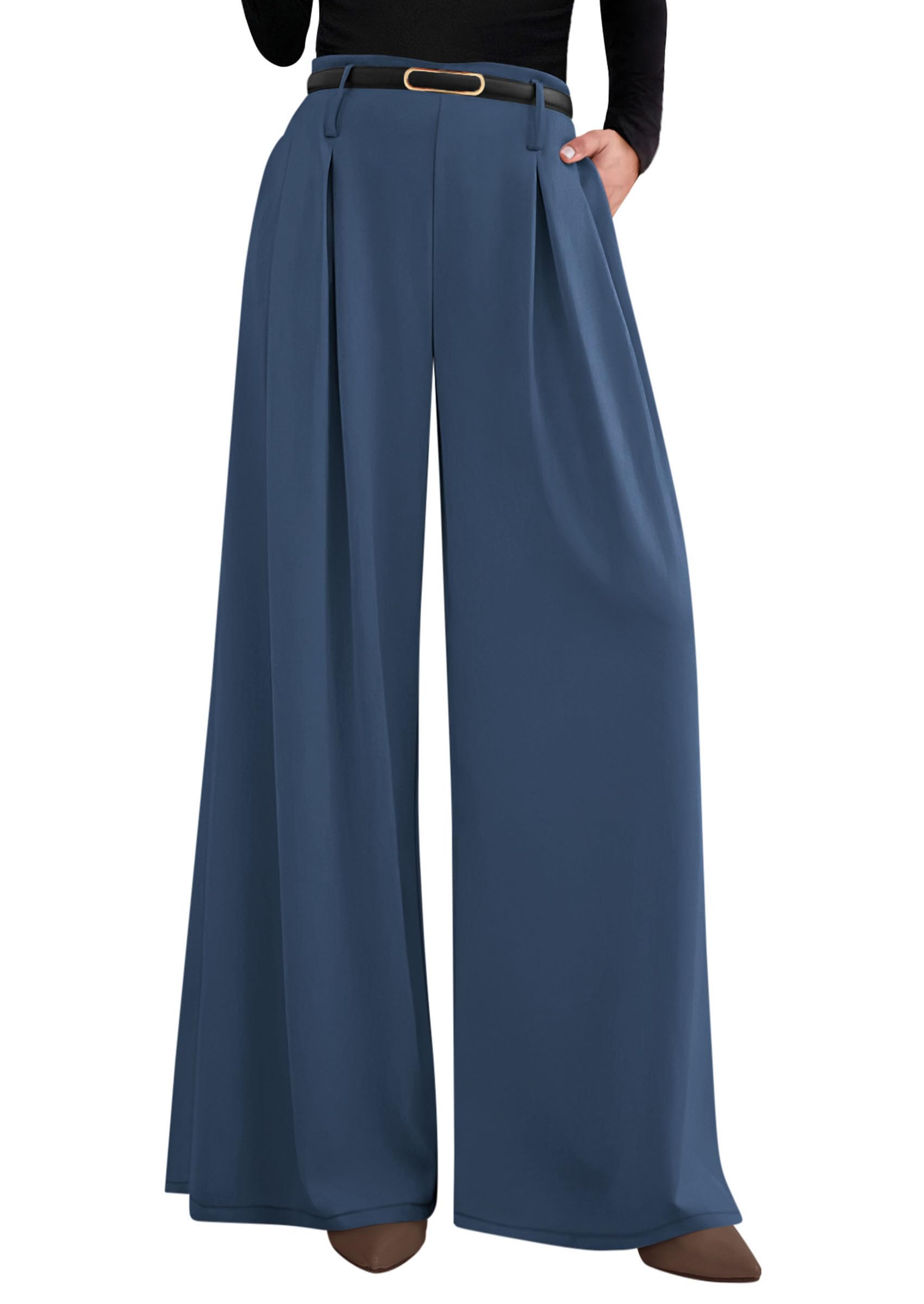 Womens Wide Leg Dress Pants Flowy Trousers,Grey Blue,S