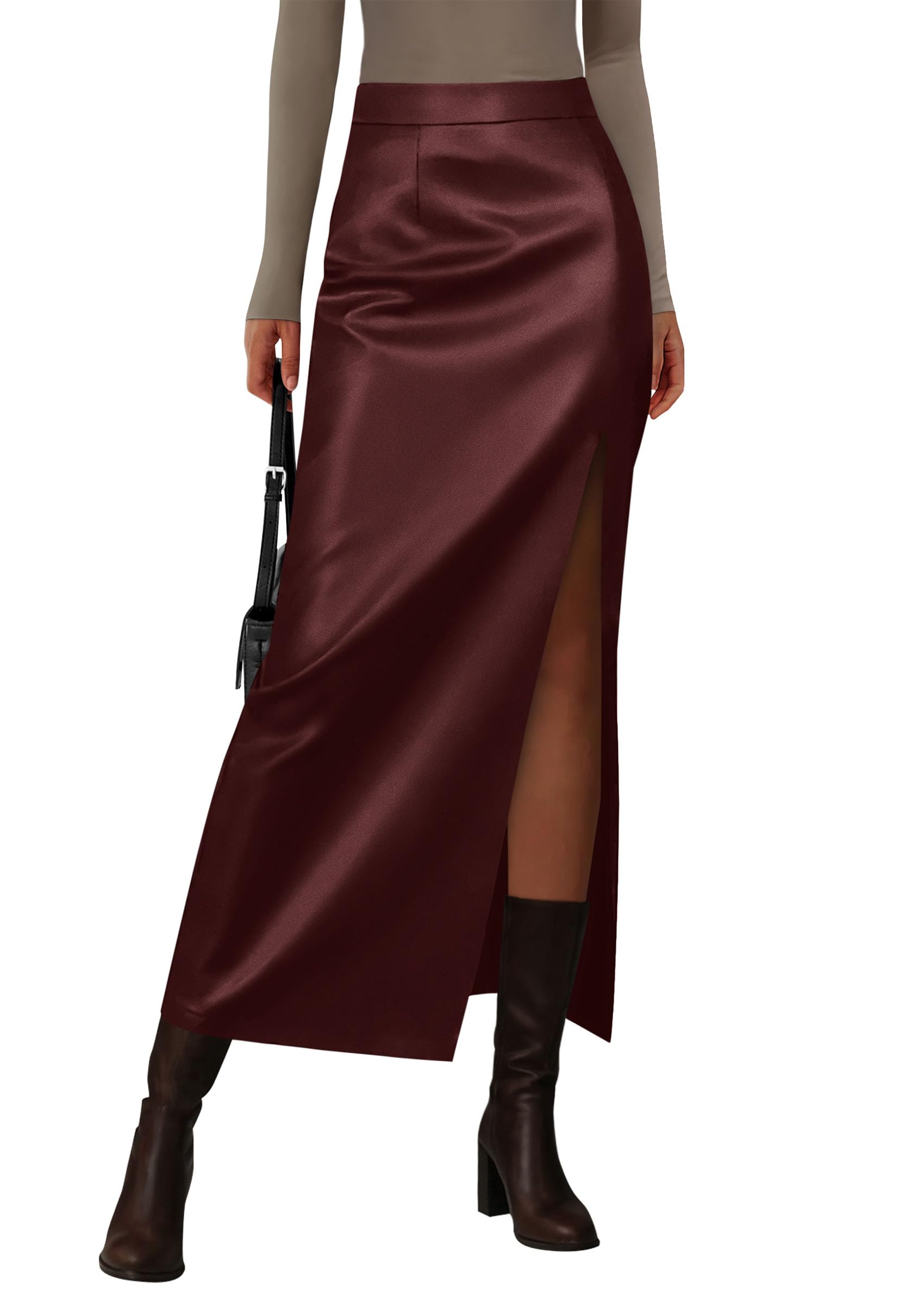 Women's Faux Leather Long Pencil Skirt,Dark Burgundy,XS