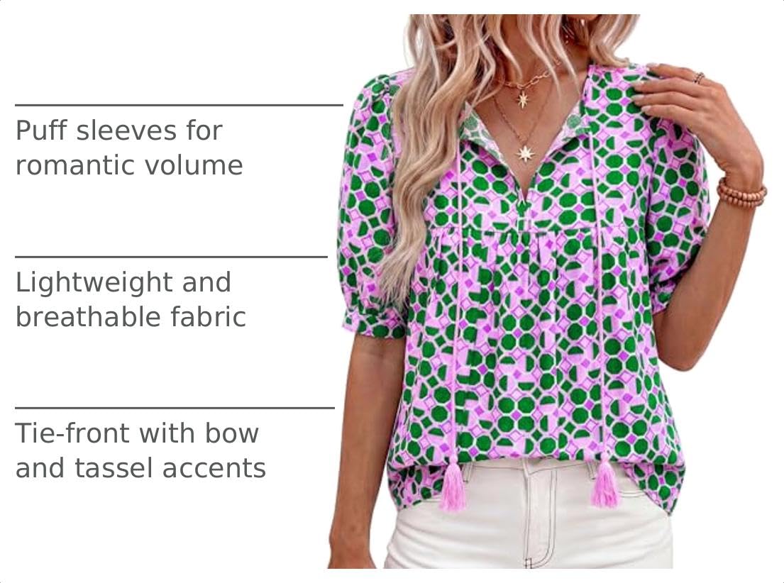 Womens Summer Boho Blouses Dressy Casual Floral Green,S