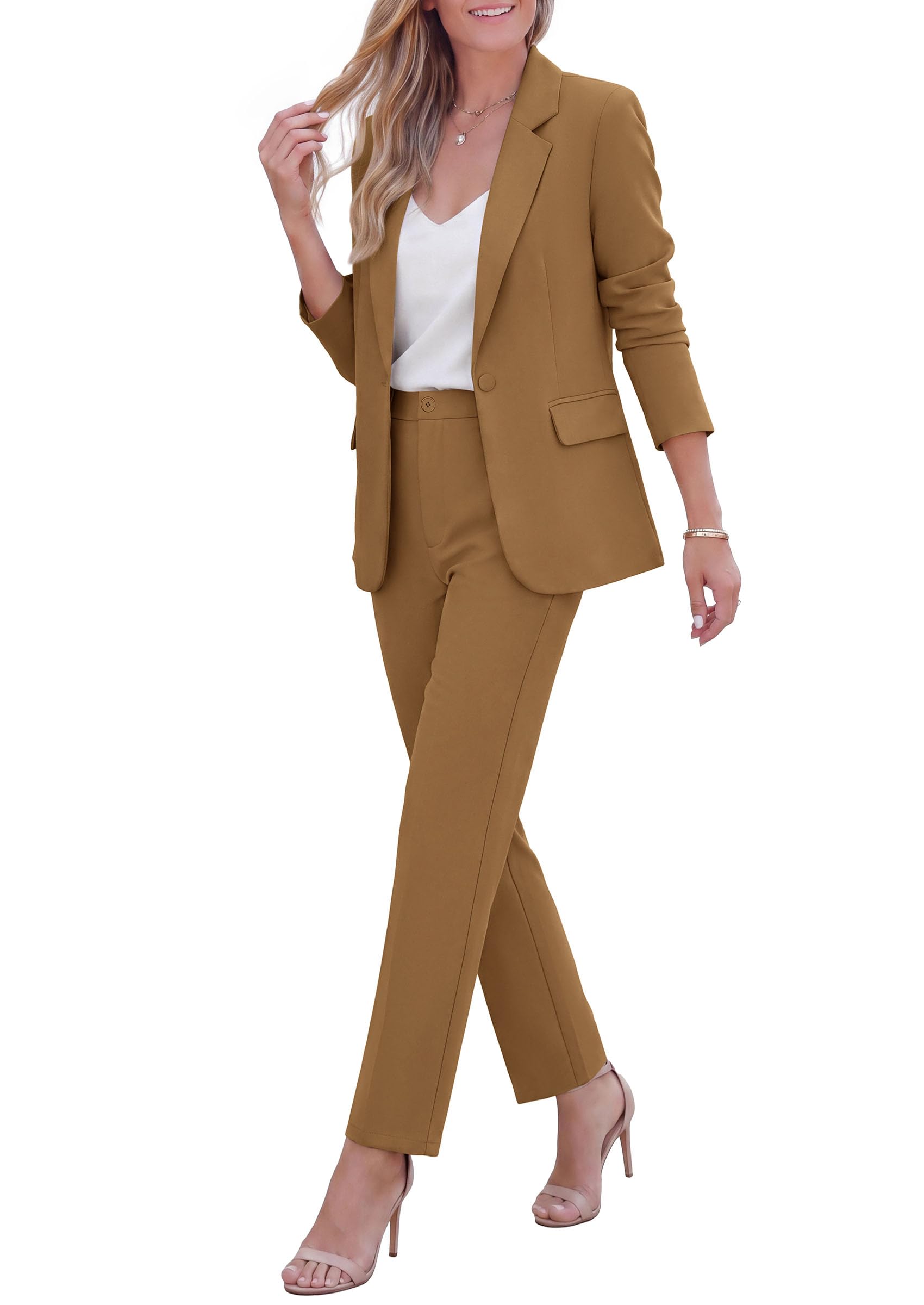 Two Piece Sets for Women Dressy Pant Suits,Light Brown,S