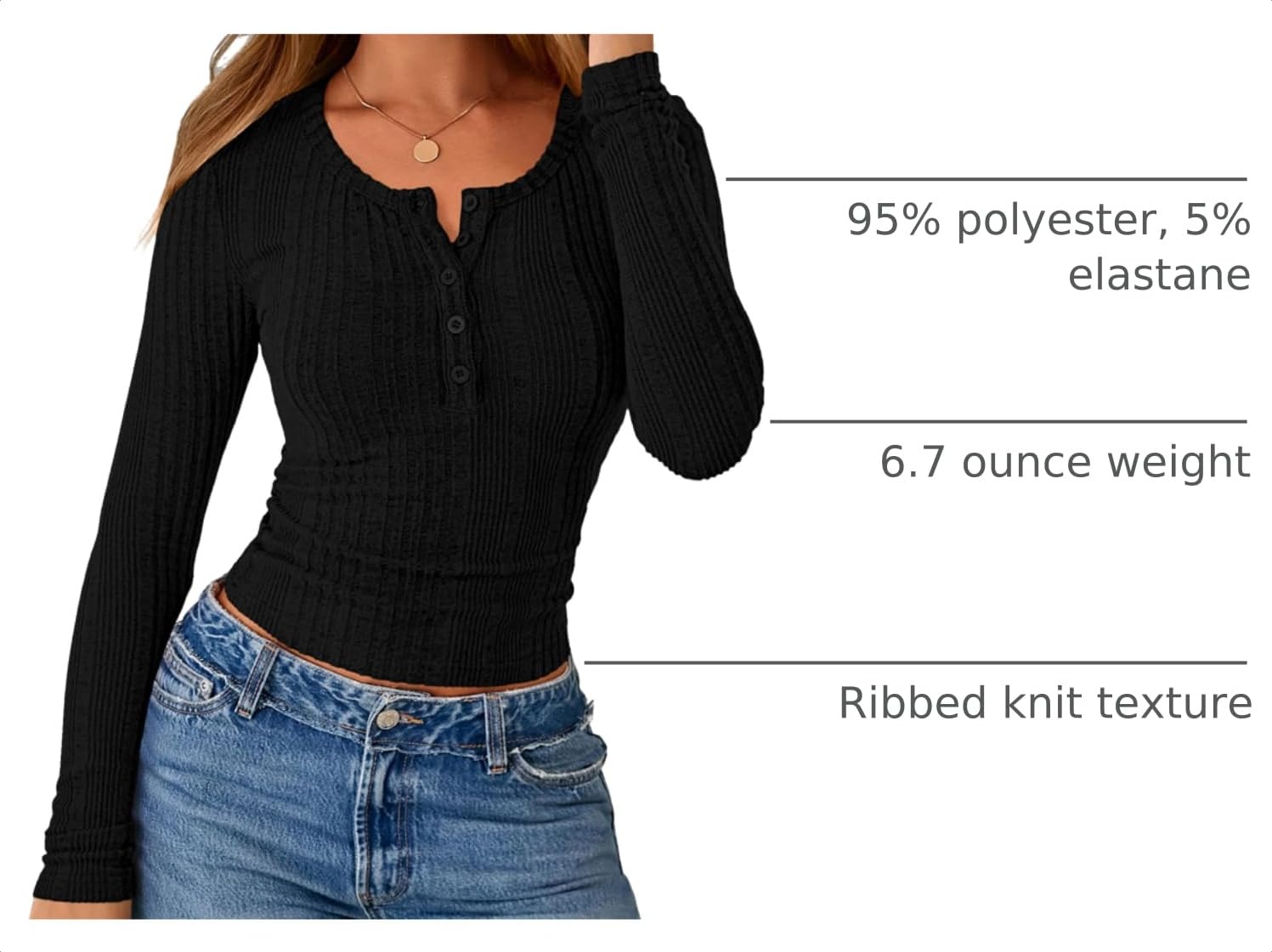 Women's Long Sleeve Tops Ribbed Henley Shirts,Black,XS
