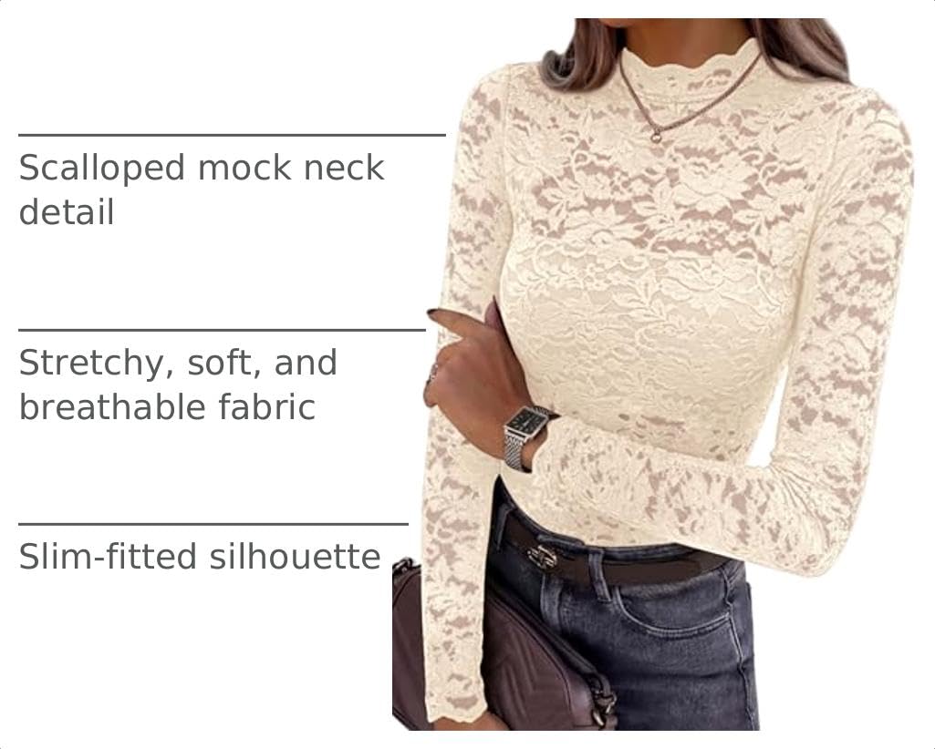 Womens Lace Long Sleeve Tops Sheer Mesh Blouse Apricot,L