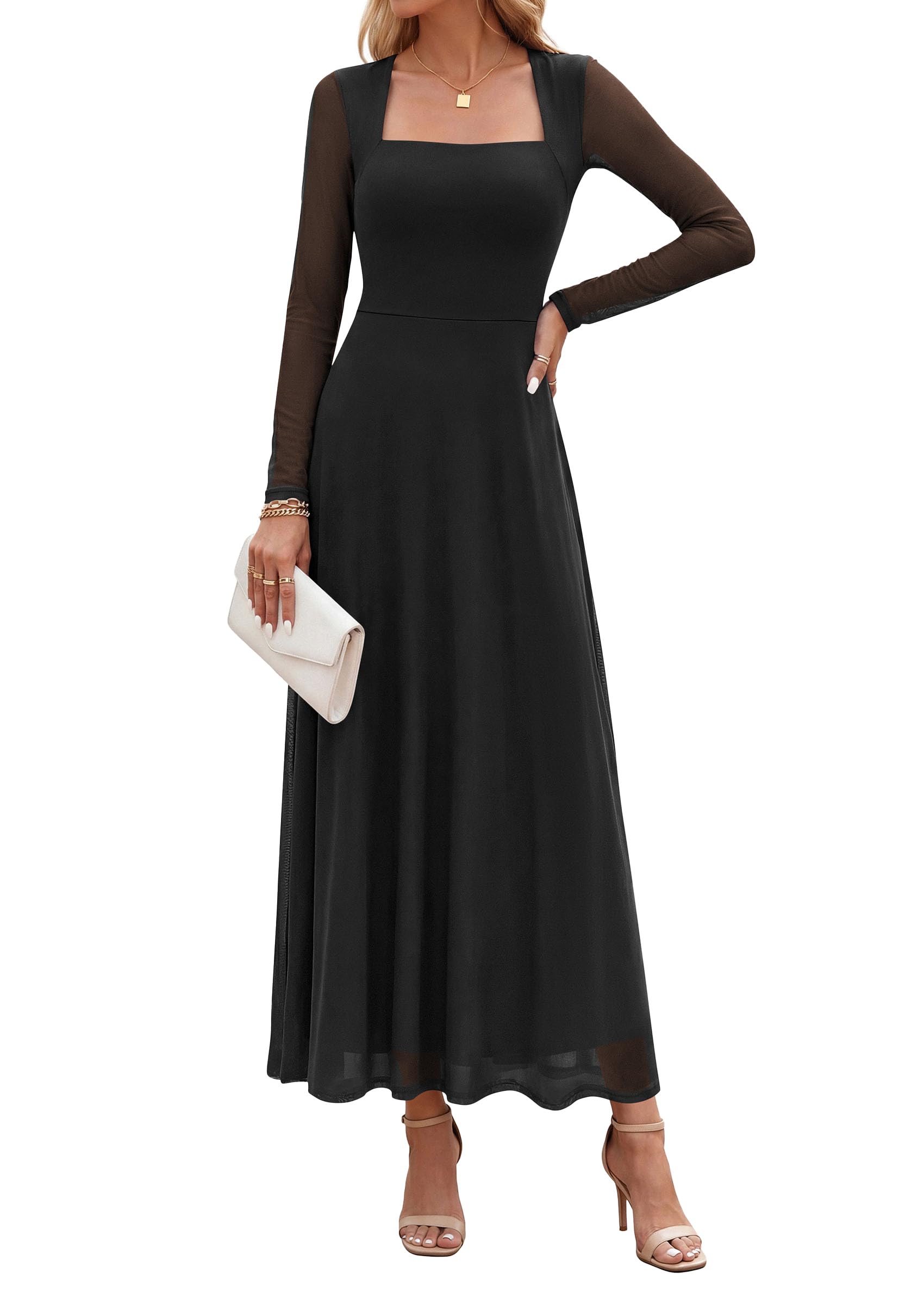 Women's Flowy Maxi Mesh Fall Cocktail Wedding Guest Dresses