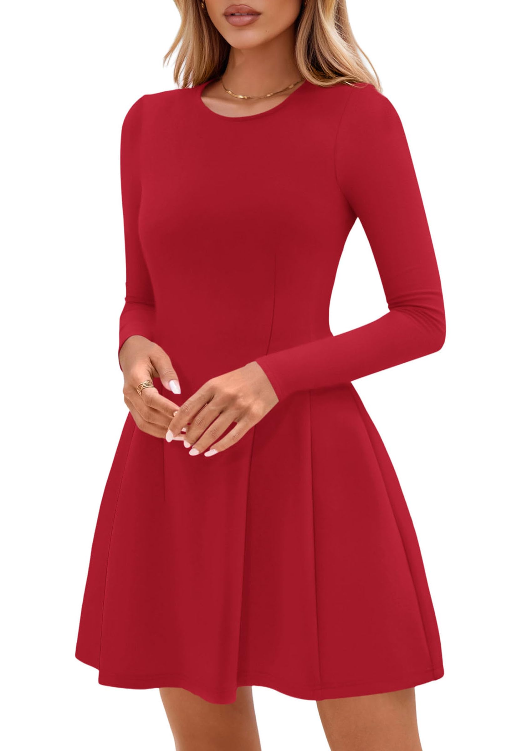 Womens Long Sleeve Pleated Mini Dress,Red,M