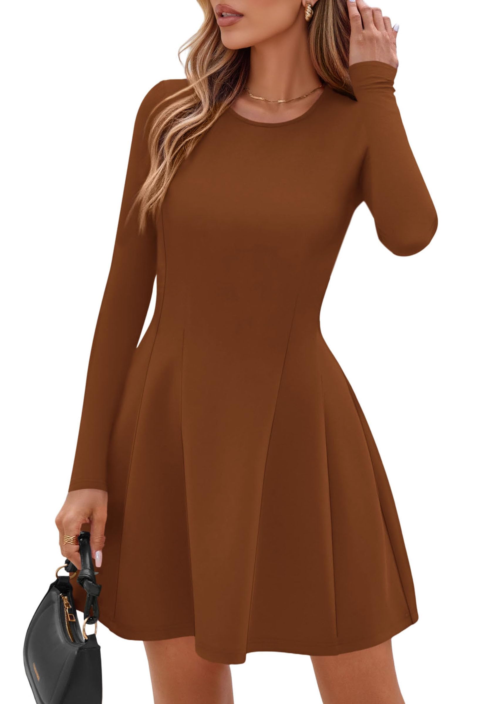 Womens Long Sleeve Pleated Mini Dress,Caramel,XS