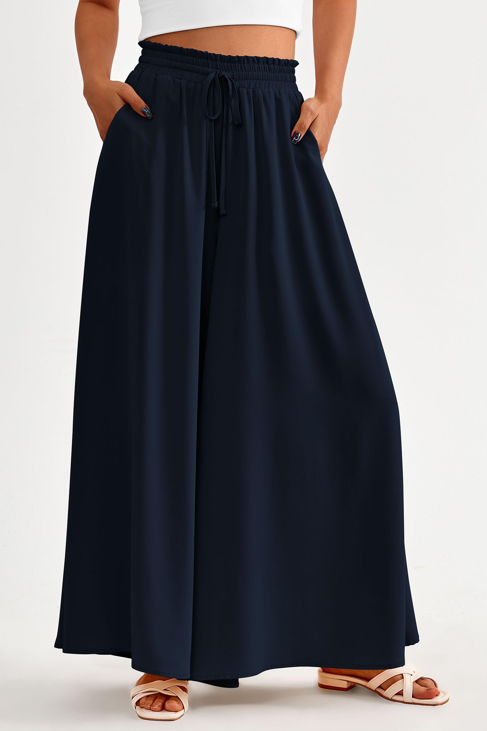 Summer Wide Leg Palazzo Pants for Women Casual,Navy,S