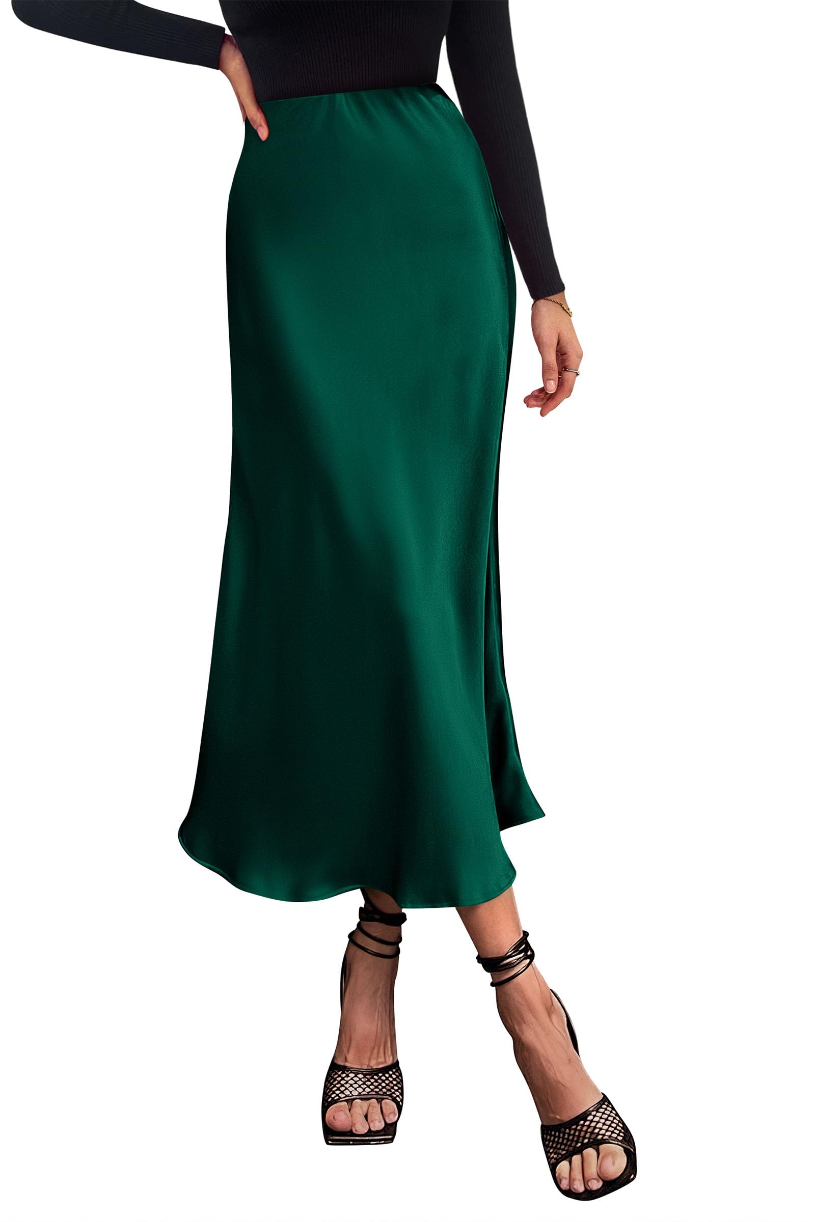 Women's Satin Midi Skirts Dressy Casual,Dark Green,S