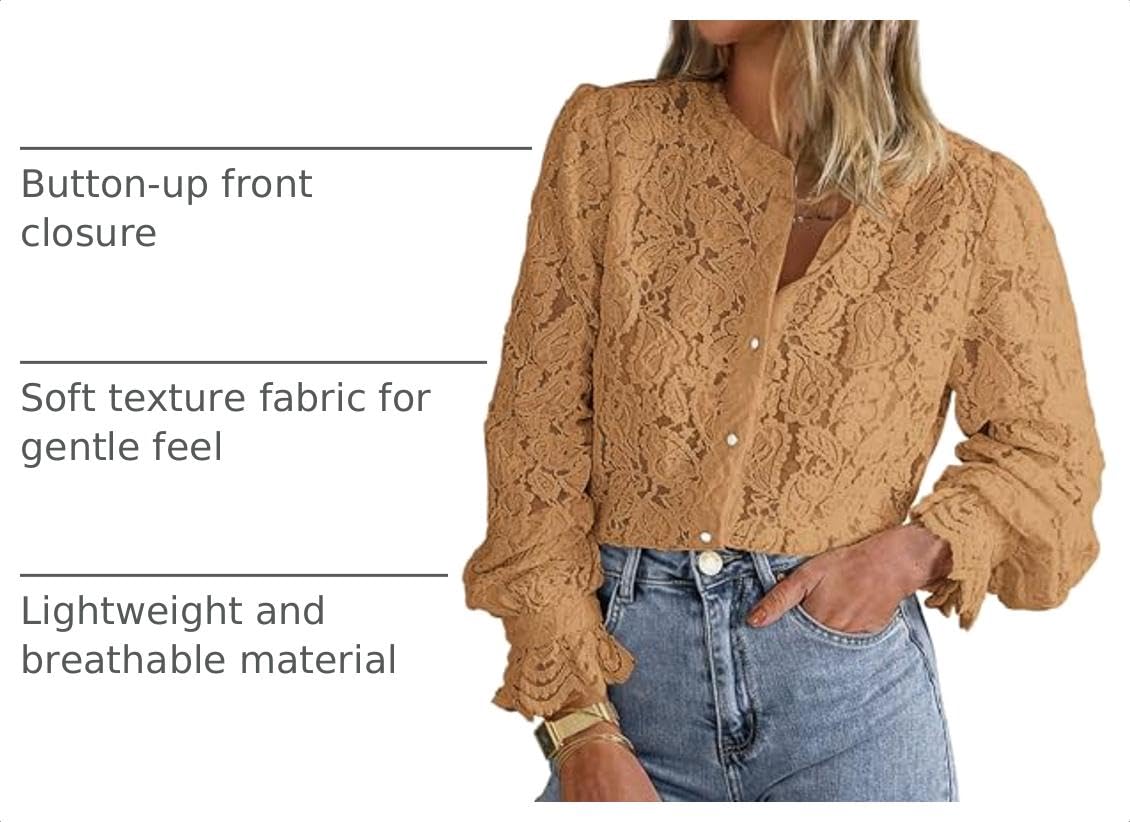 Women's Fall Trendy Long Sleeve Lace Tops(Khaki,Small)