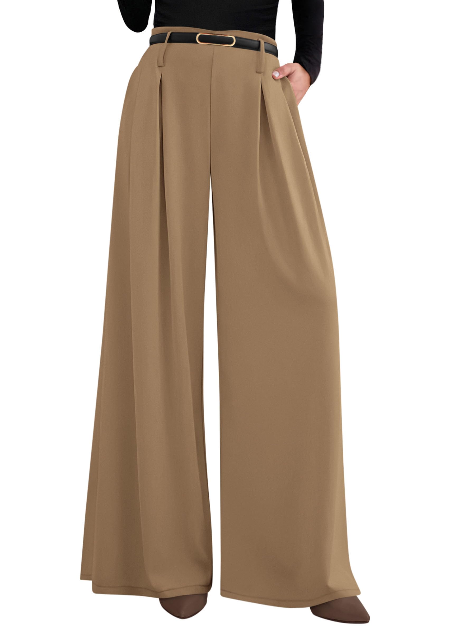 Womens Wide Leg Dress Pants Flowy Trousers,Khaki,S