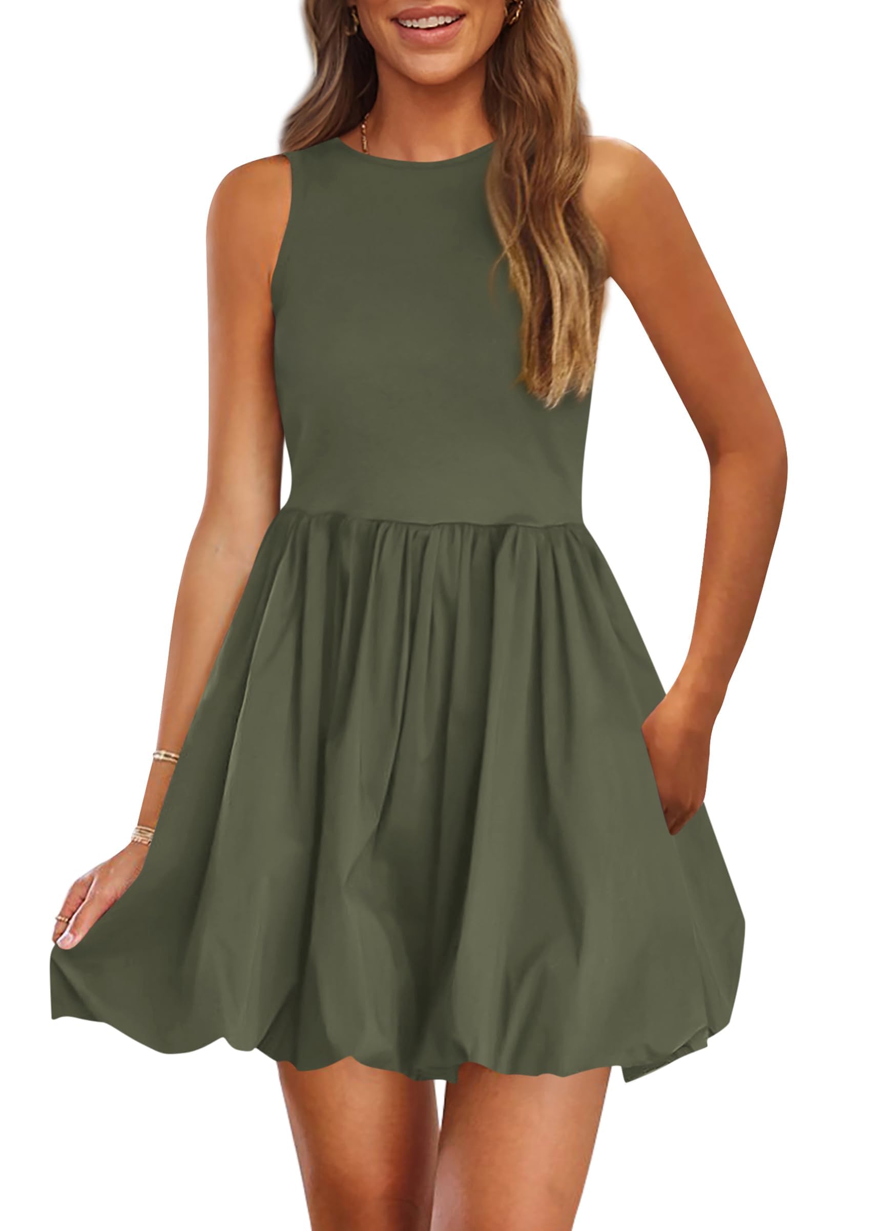 Womens Summer Bubble Sleeveless Mini Dress,Army Green,S