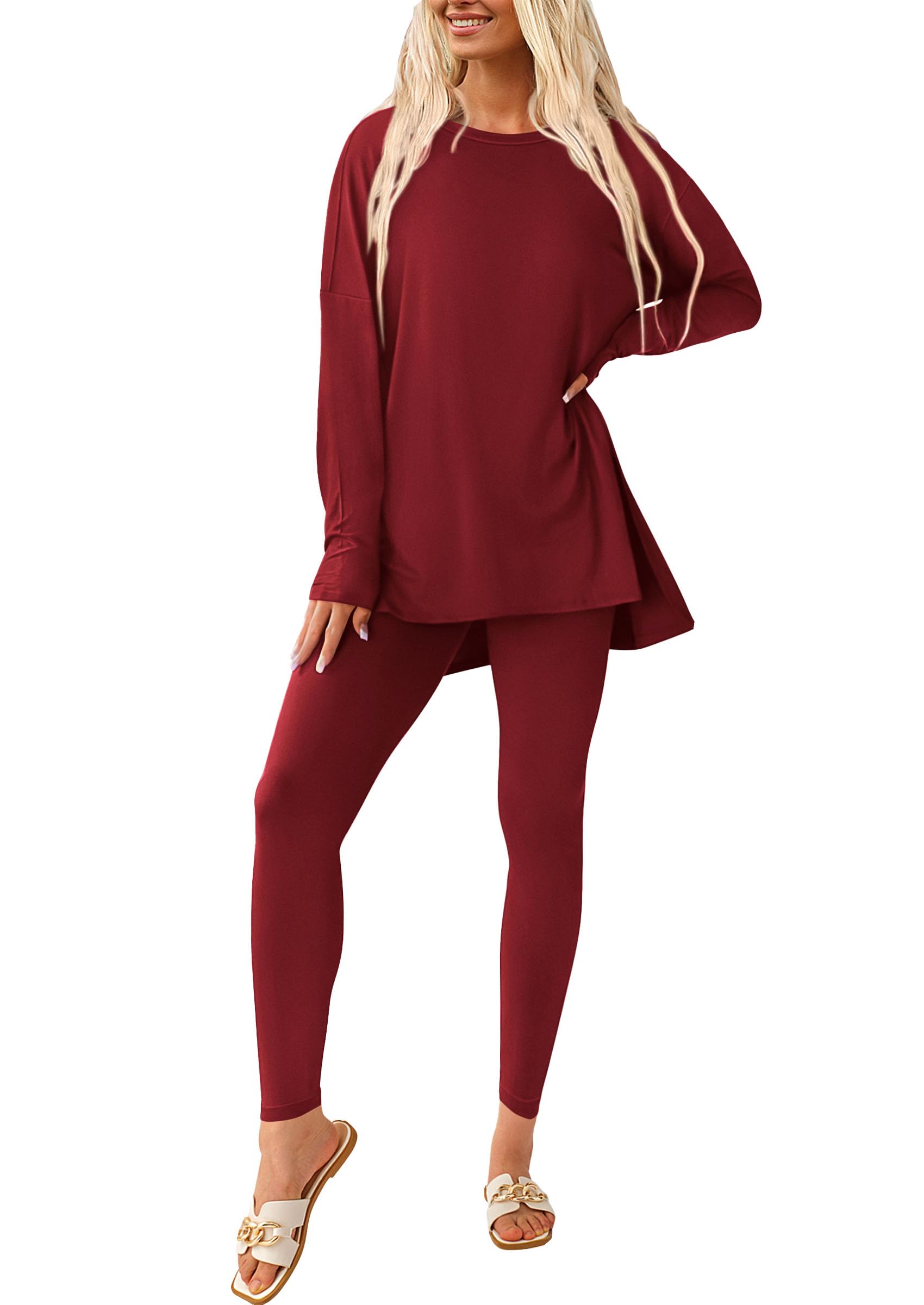 Women's 2 Piece Outfits Matching Lounge Sets,Wine Red,S