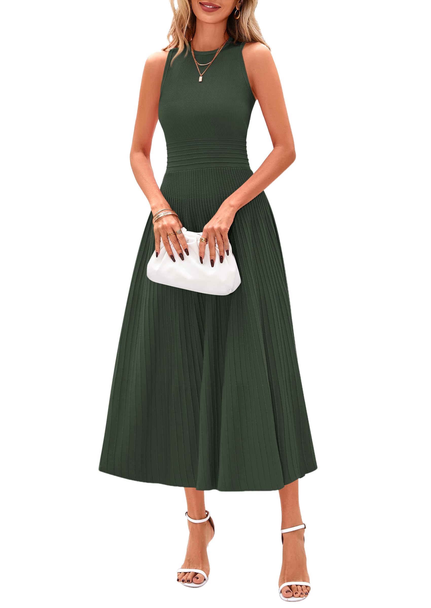 Women's Summer Pleated Midi Work Dress,Army Green,S