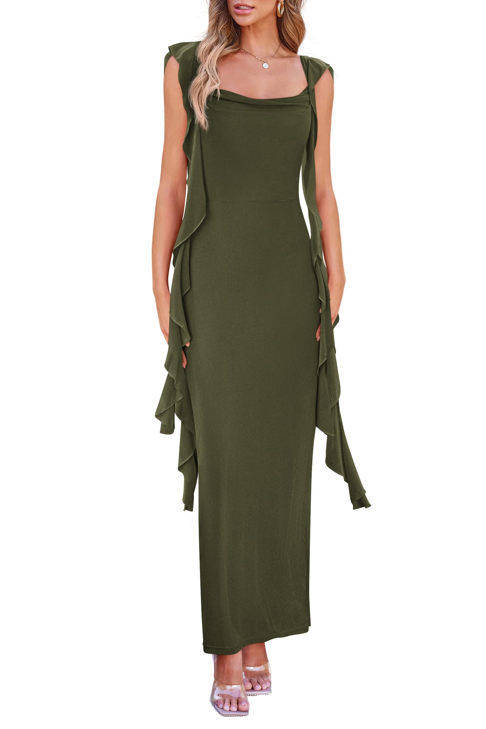 Summer Dresses for Women Ruffle Bodycon Maxi Dress Army Green
