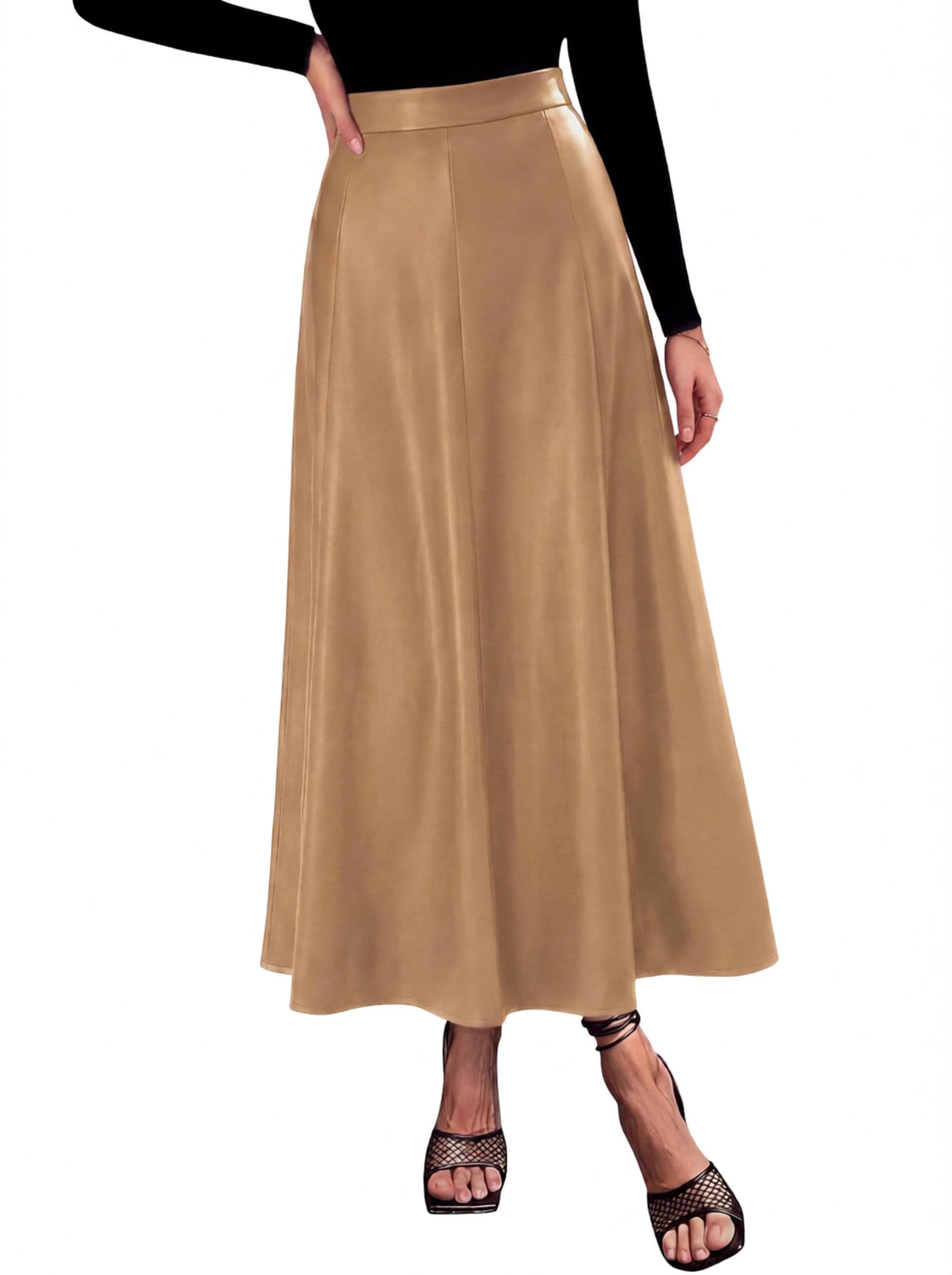 Womens Faux Leather High Waisted Midi Skirt,Khaki,M