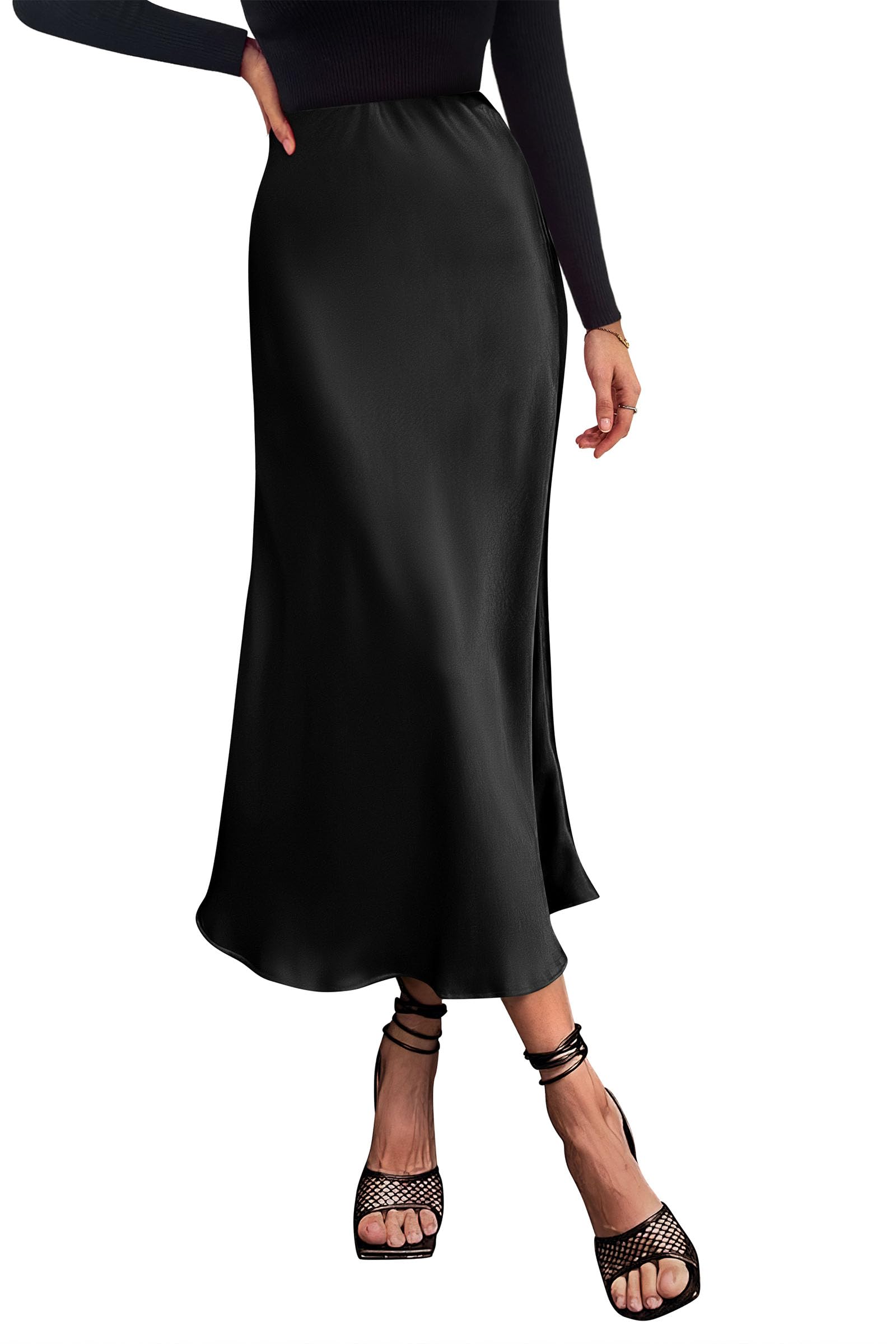 Women's Satin Midi Skirts Dressy Casual,Black,S