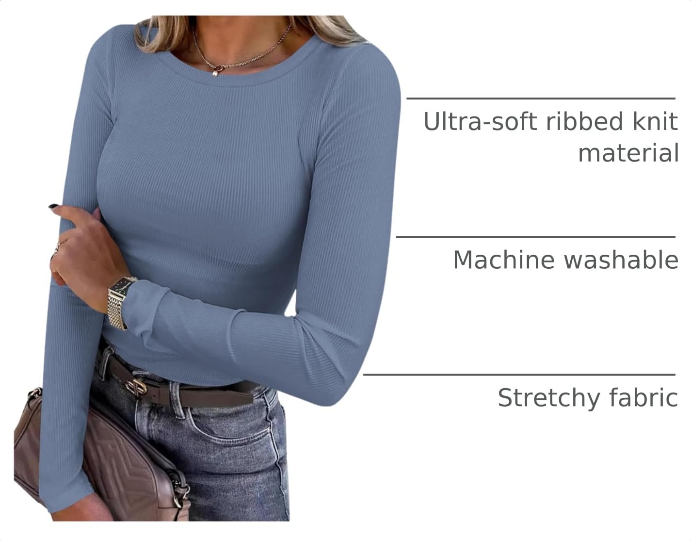 Women's Fall Long Sleeve Shirts Basic Tees Light Dusty Blue,XS