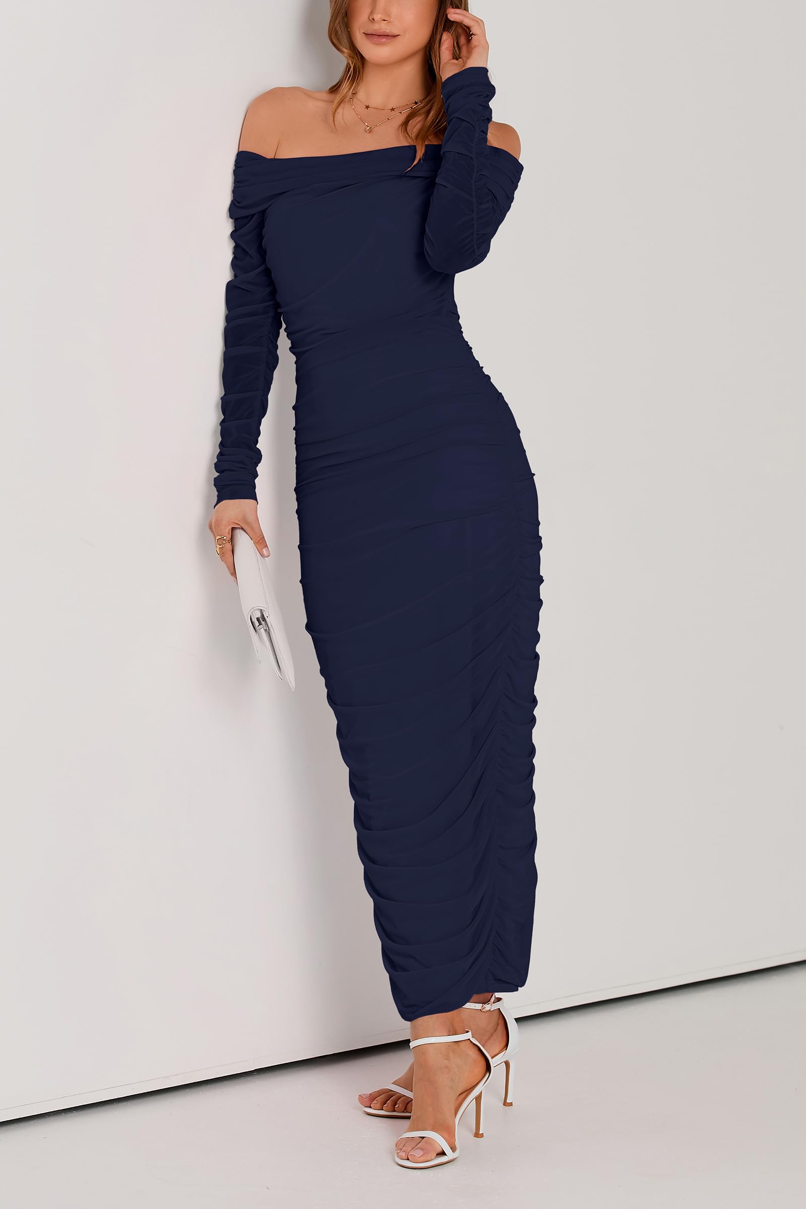Women's Off the Shoulder Maxi Bodycon Dress, Navy,S