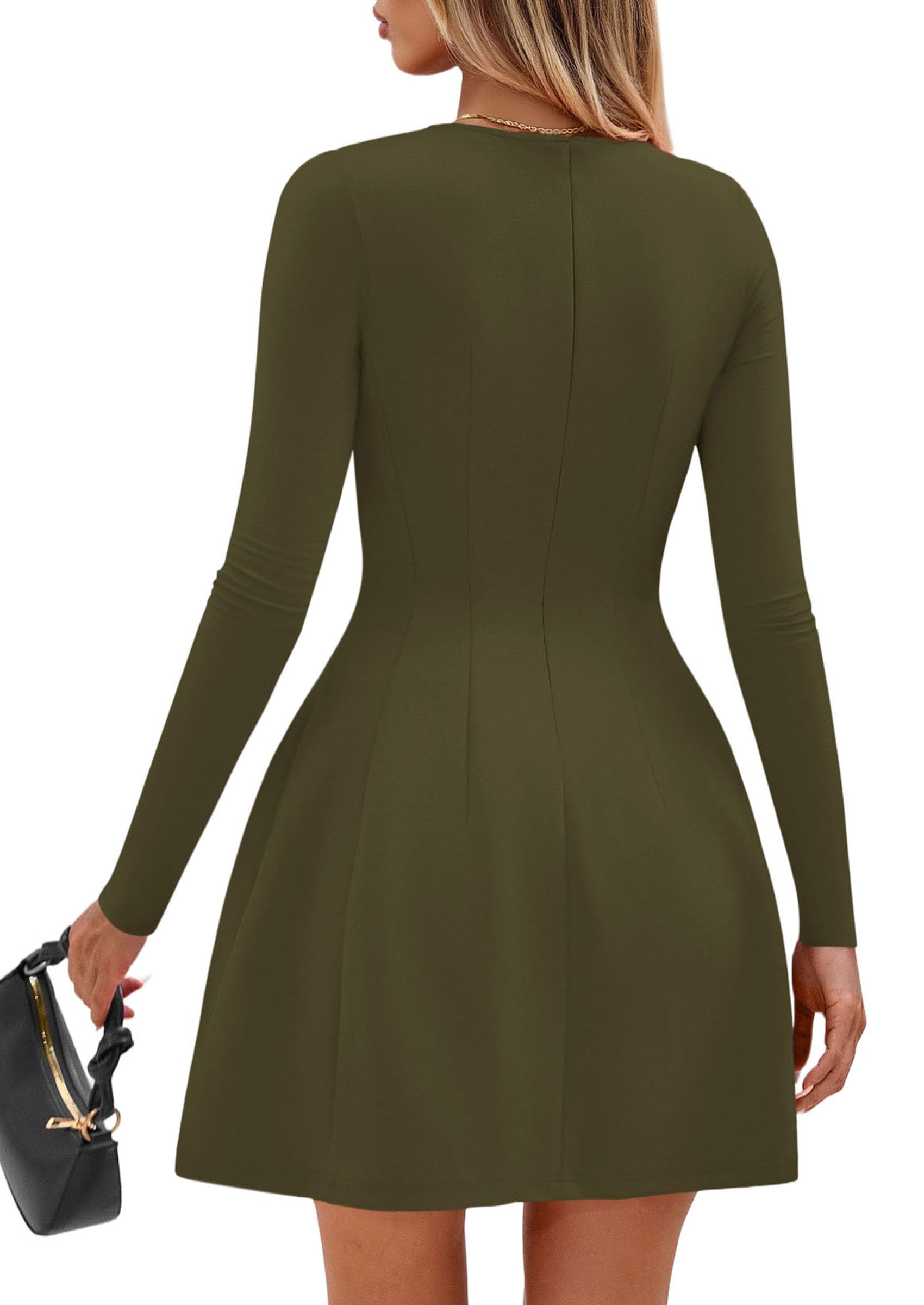 Womens Long Sleeve Pleated Mini Dress,Army Green,XS