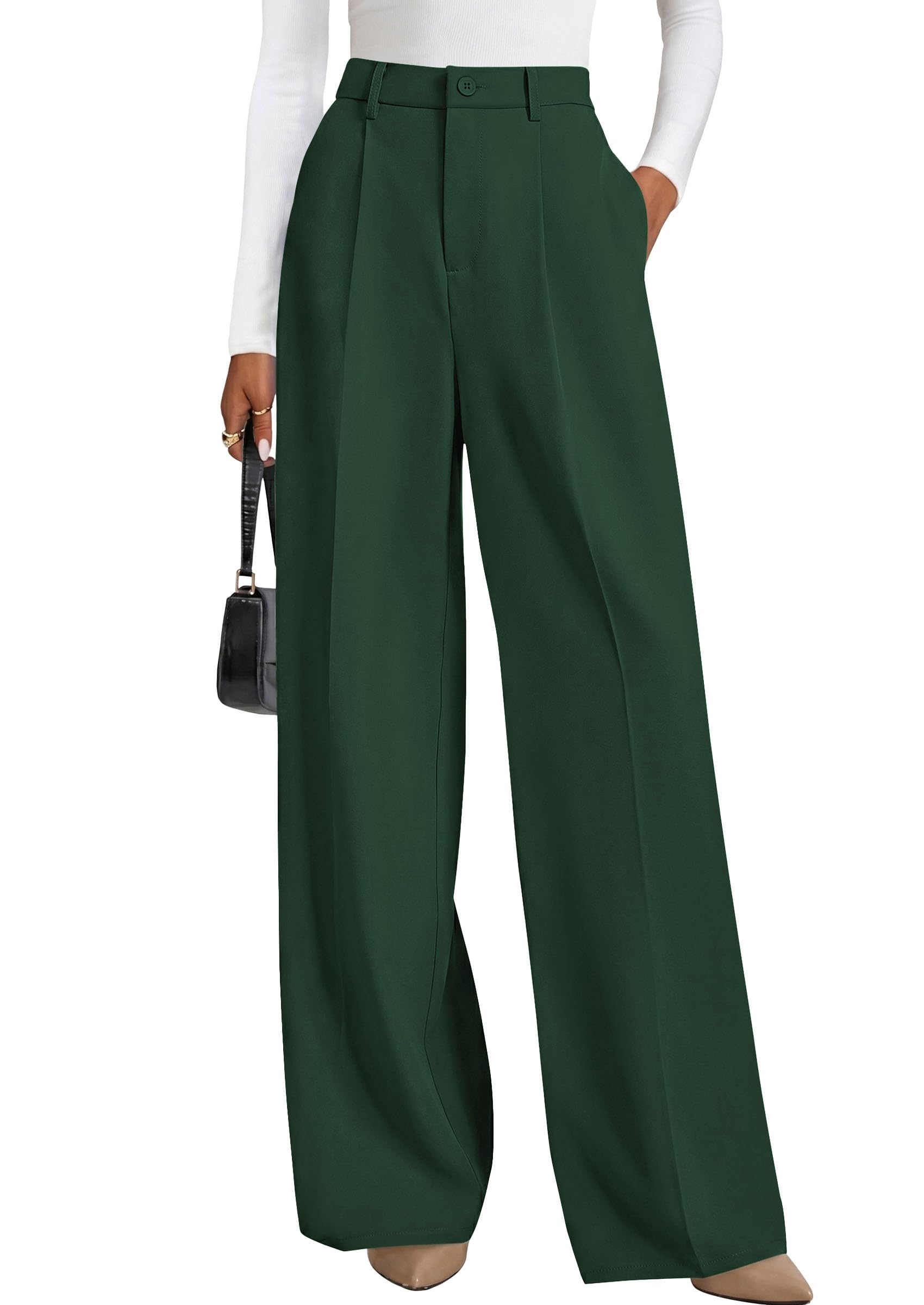 Women's Flowy Wide Leg Dress Pants,Dark Green,L